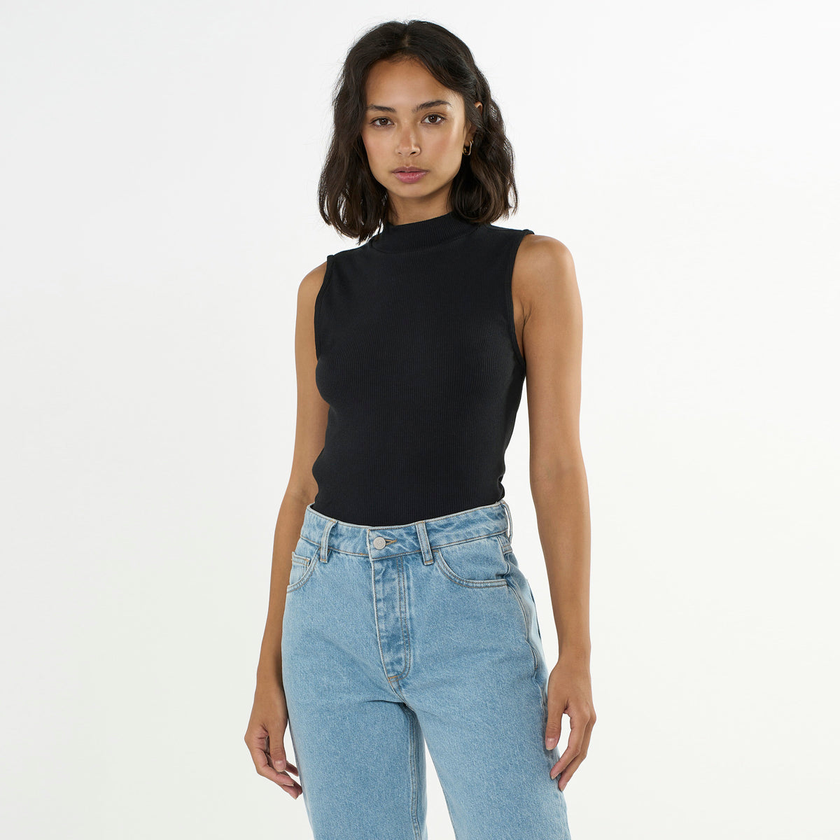 Rib Stretch High-Neck Top Ekologisk Bomull Svart - KNOWLEDGE COTTON APPAREL