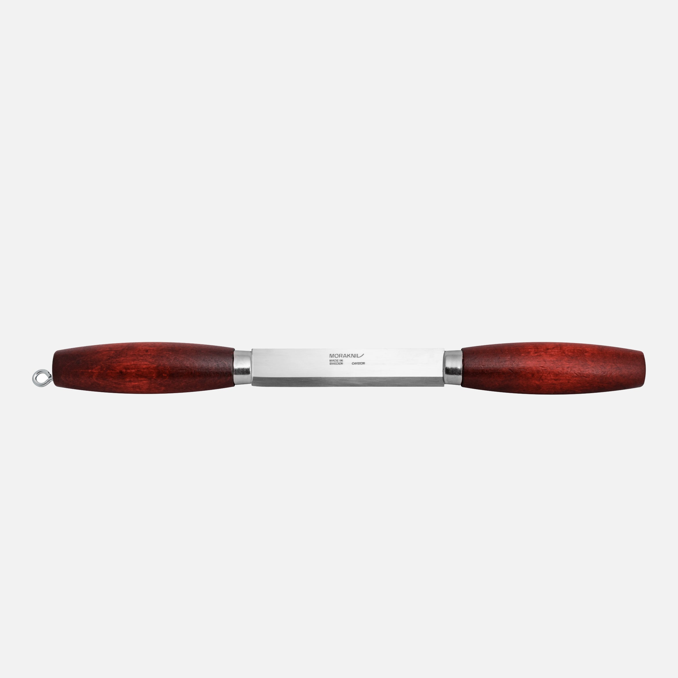 Moraknivs klassisk spännkniv med blad av kolstål och handtag av rödbetas trä.