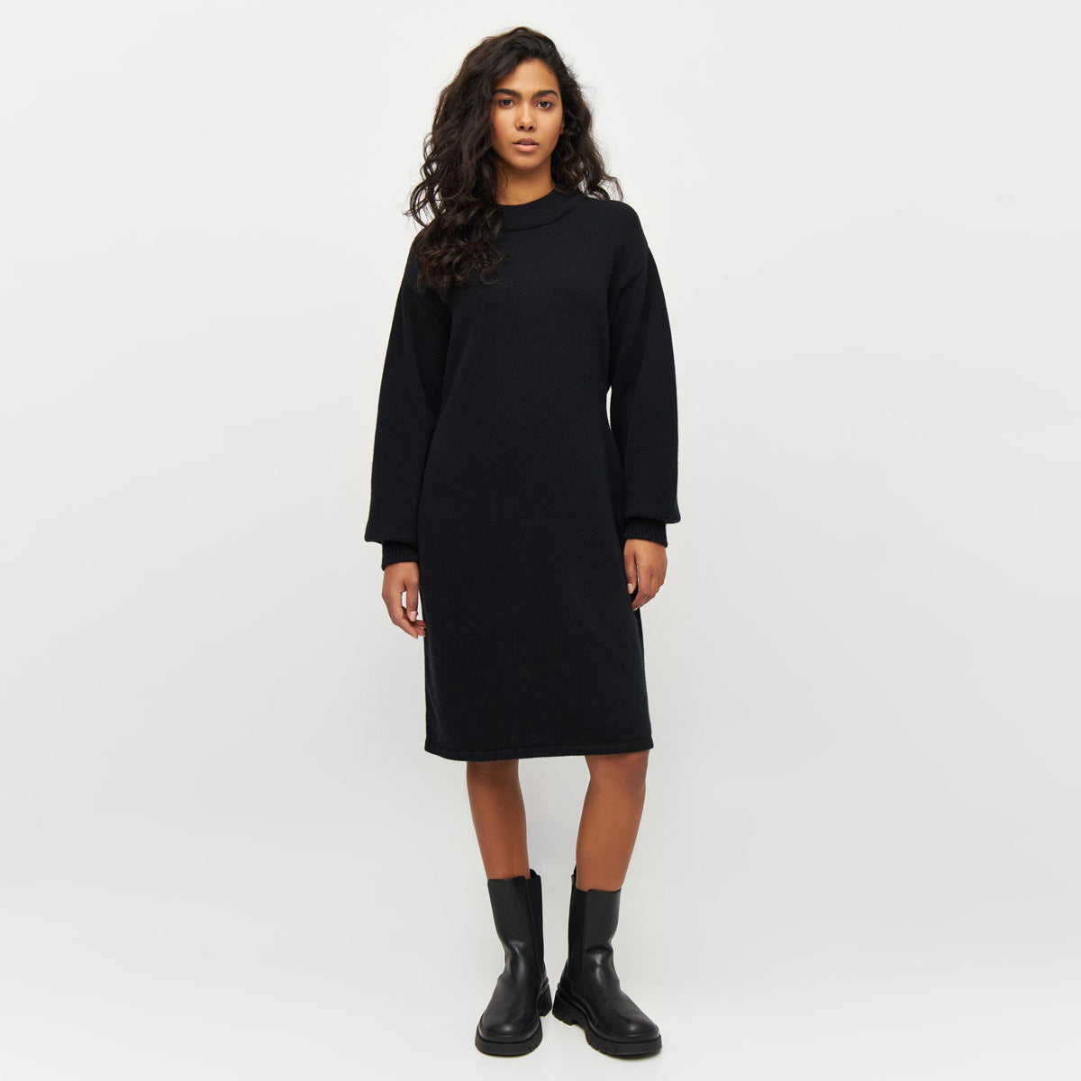 Lambswool Crewneck Neck Dress Black - KNOWLEDGE COTTON APPAREL