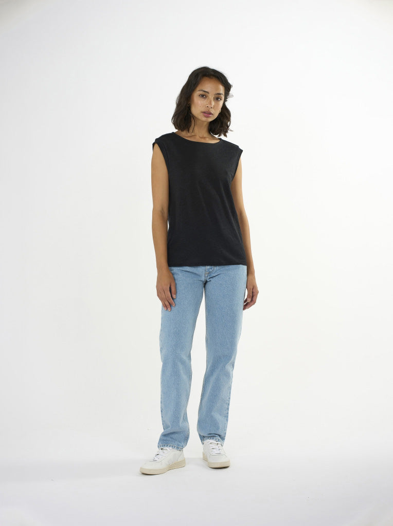 Loose Fold-Up Linen T-shirt Black - KNOWLEDGE COTTON APPAREL