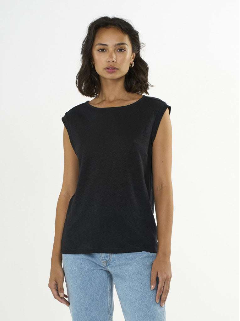 Loose Fold-Up Linen T-shirt Black - KNOWLEDGE COTTON APPAREL