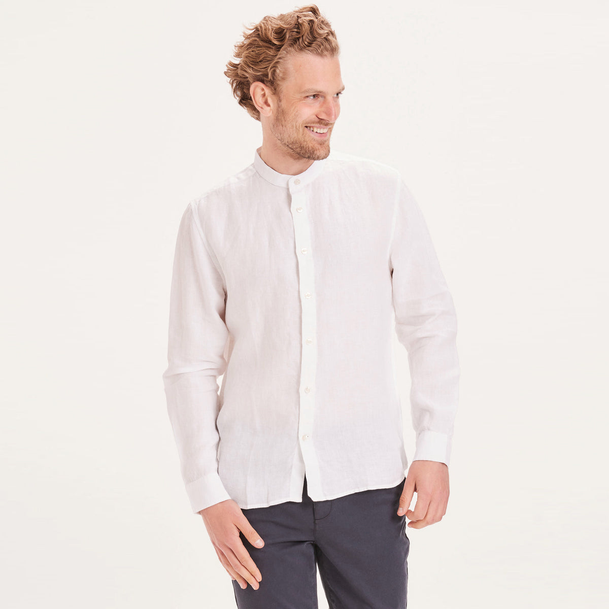 Larch Stand-Up Collar Linen White - KNOWLEDGE COTTON APPAREL