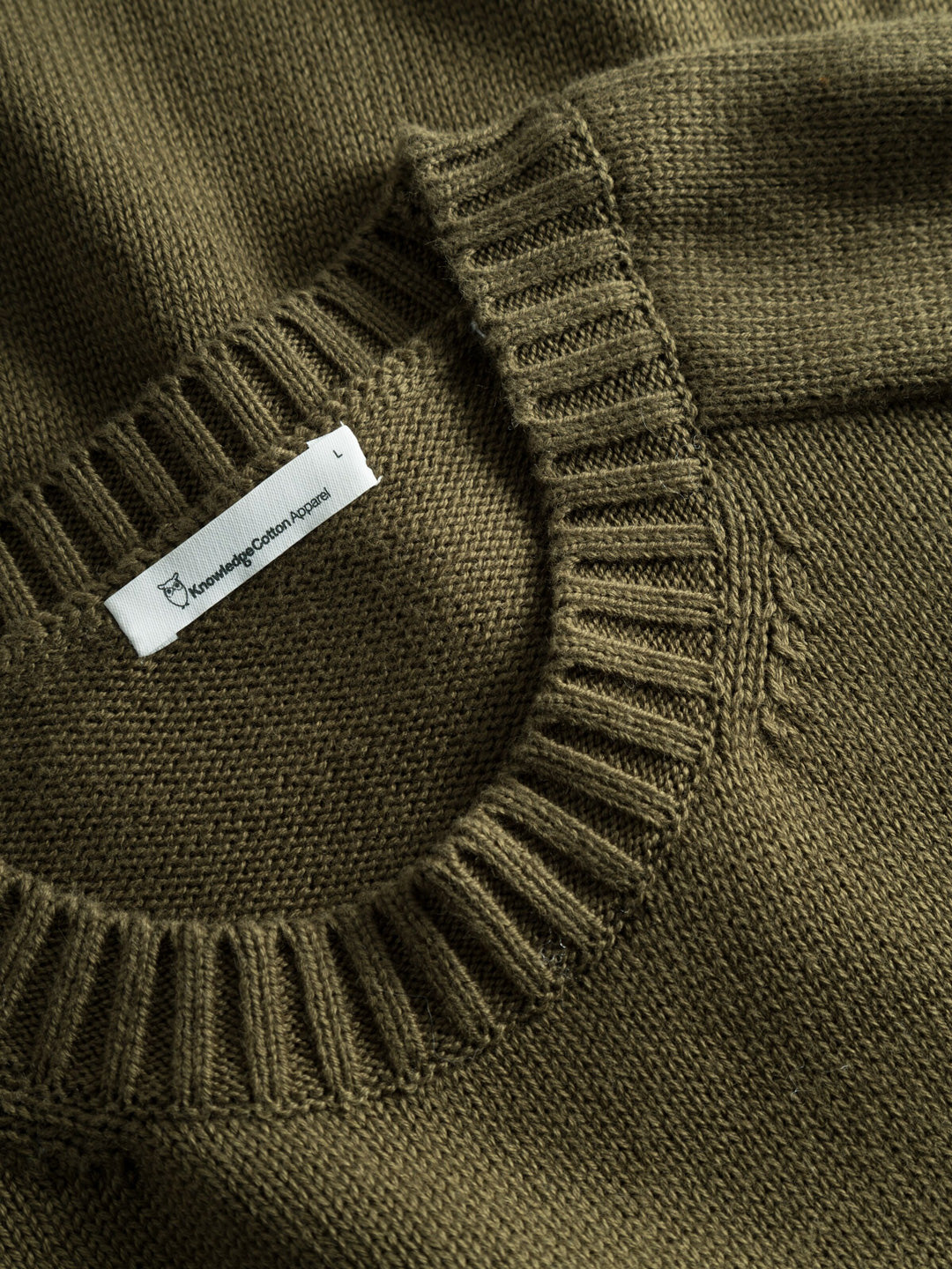 Plain Knitted Organic Cotton Crew Neck Dark Olive - KNOWLEDGE COTTON