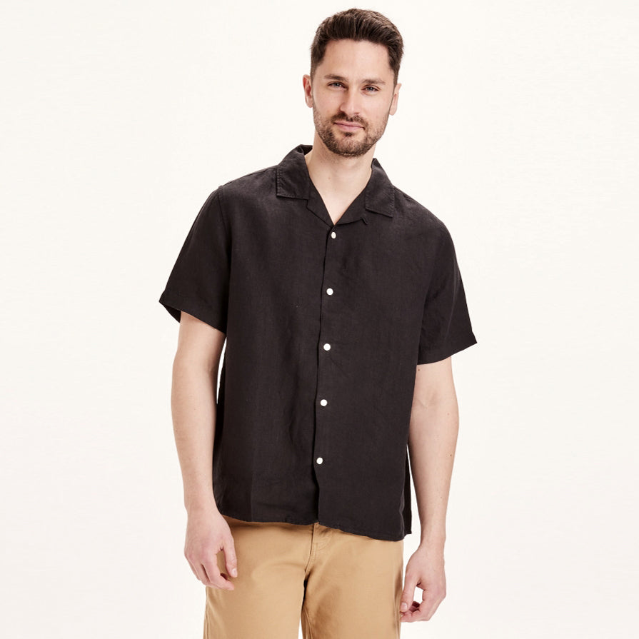 Wave Jet Black Organic Linen Shirt - KNOWLEDGE COTTON APPAREL