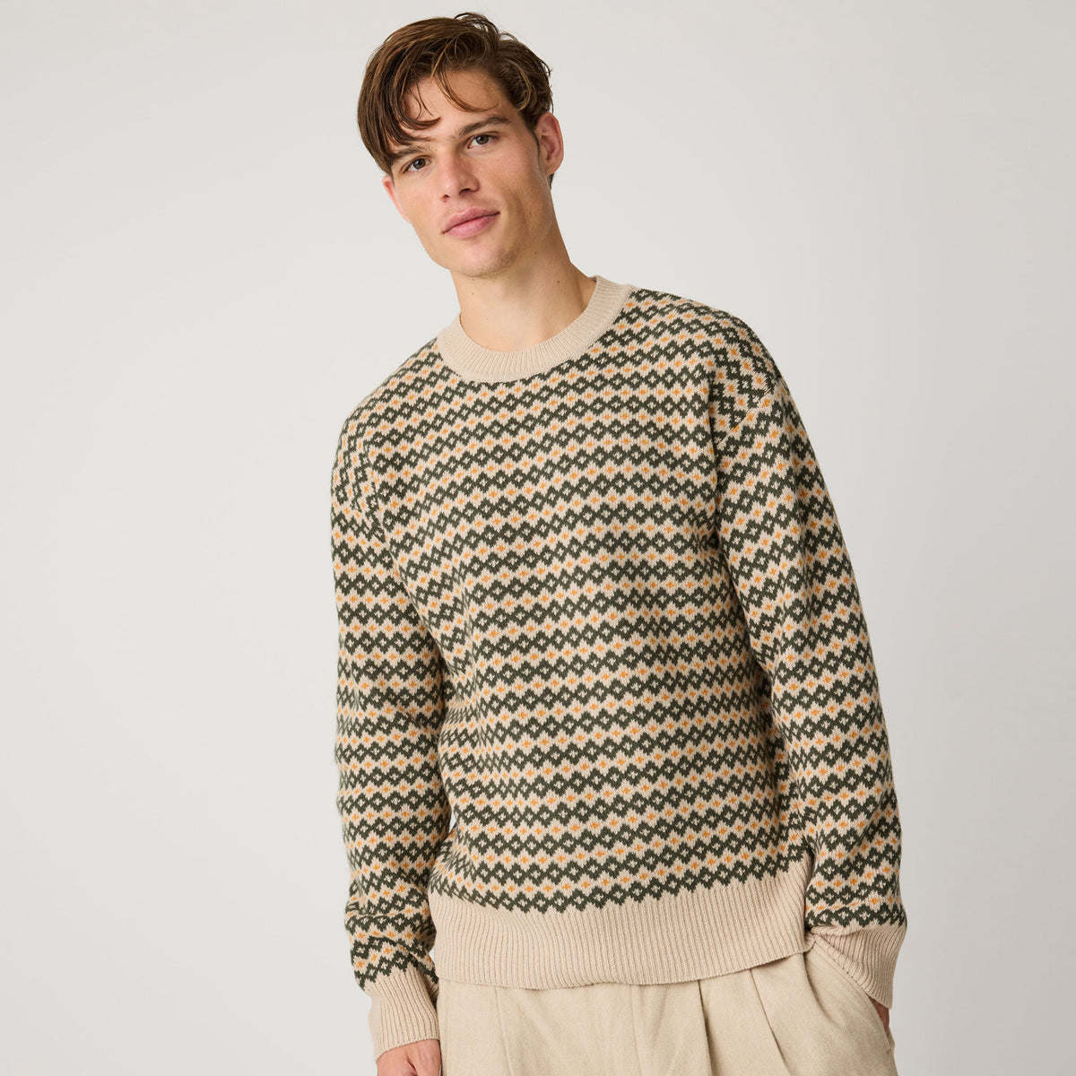 Lambswool Jaquard Crew Neck Knit Green