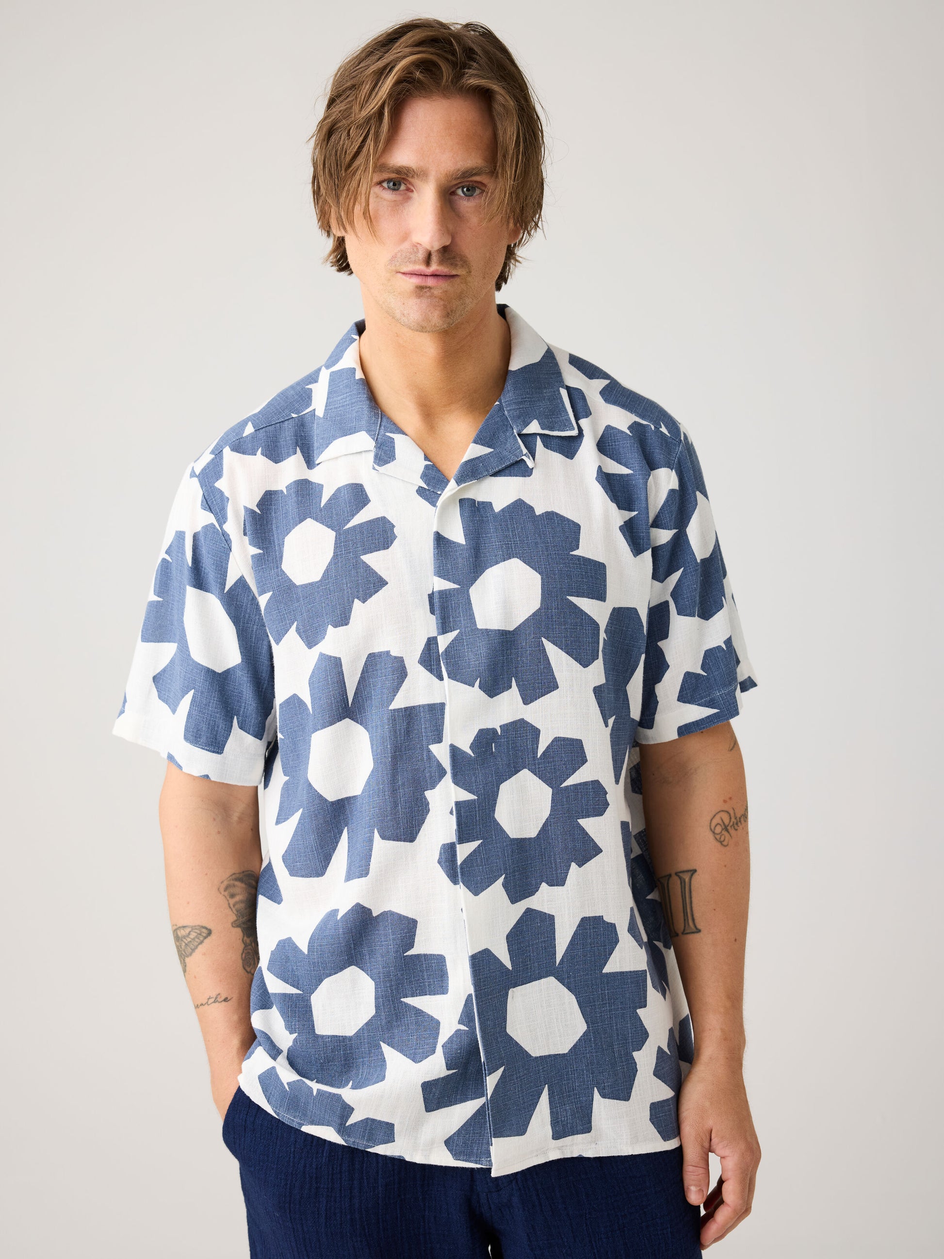 Linen & EcoVero Shortsleeve Print Shirt Blue