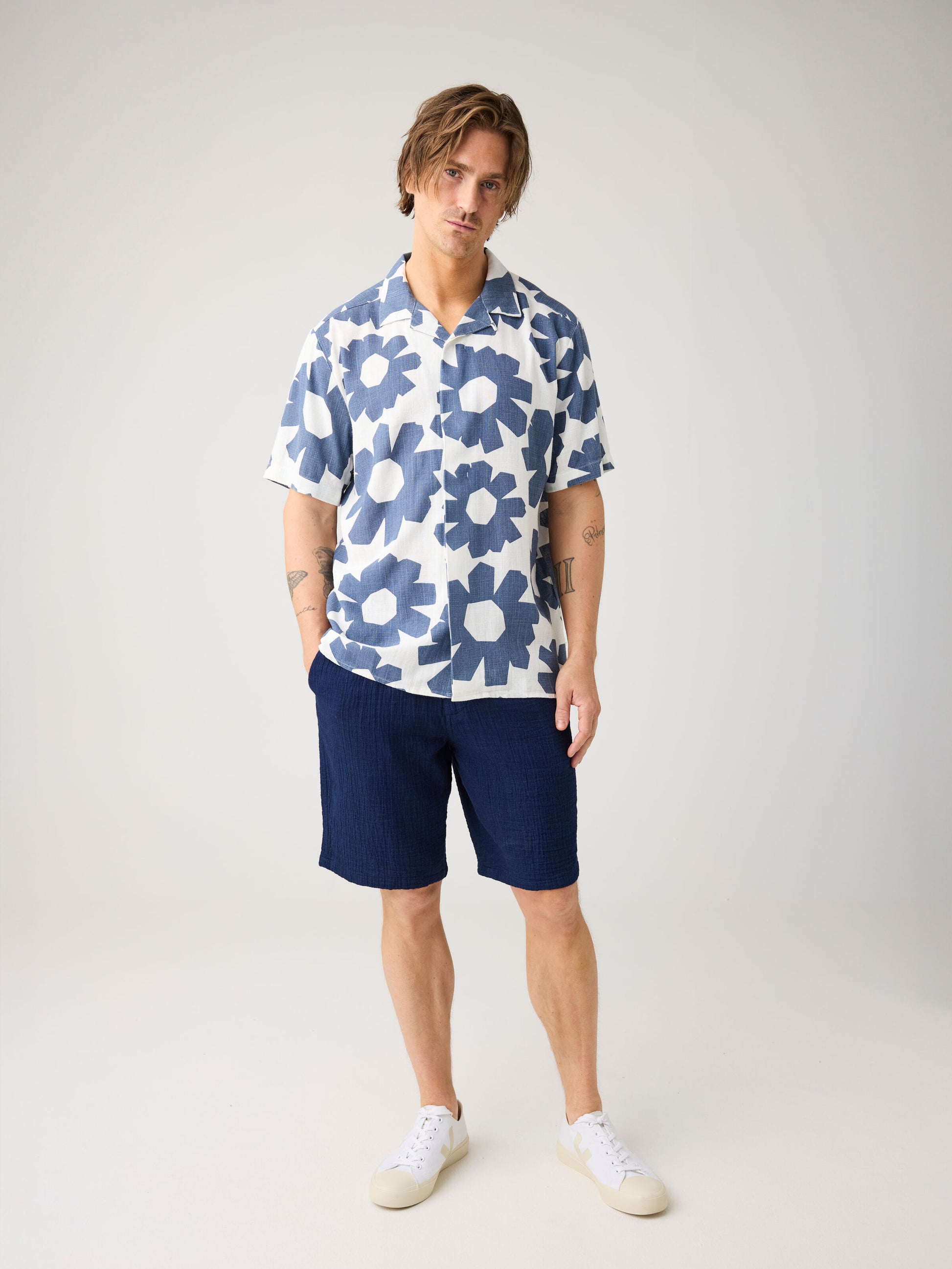 Linen & EcoVero Shortsleeve Print Shirt Blue