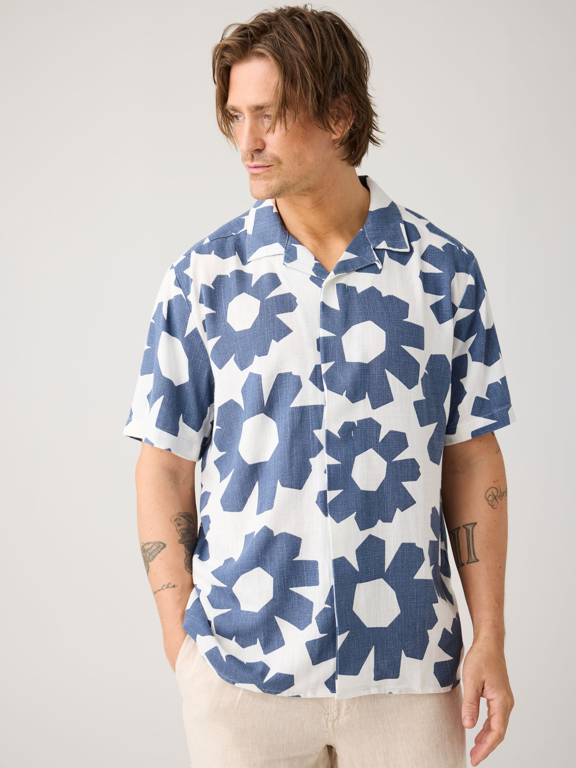 Linen & EcoVero Shortsleeve Print Shirt Blue