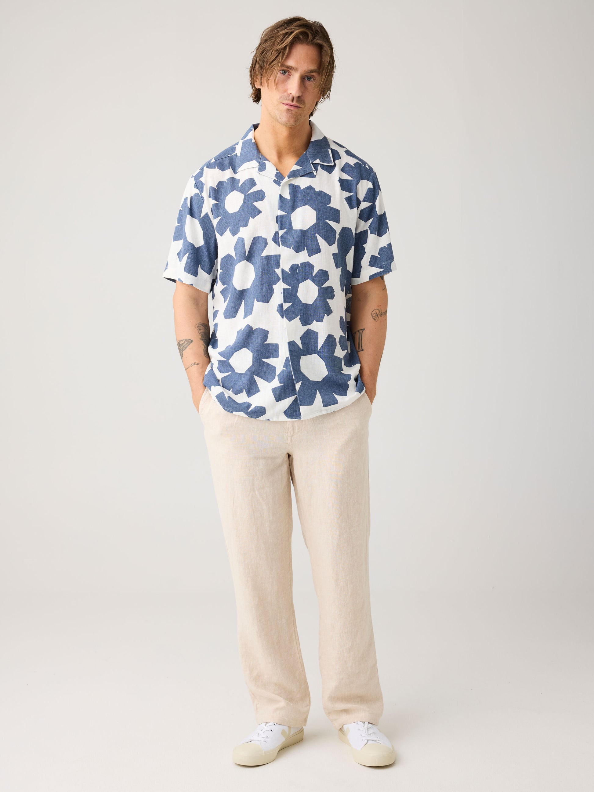 Linen & EcoVero Shortsleeve Print Shirt Blue