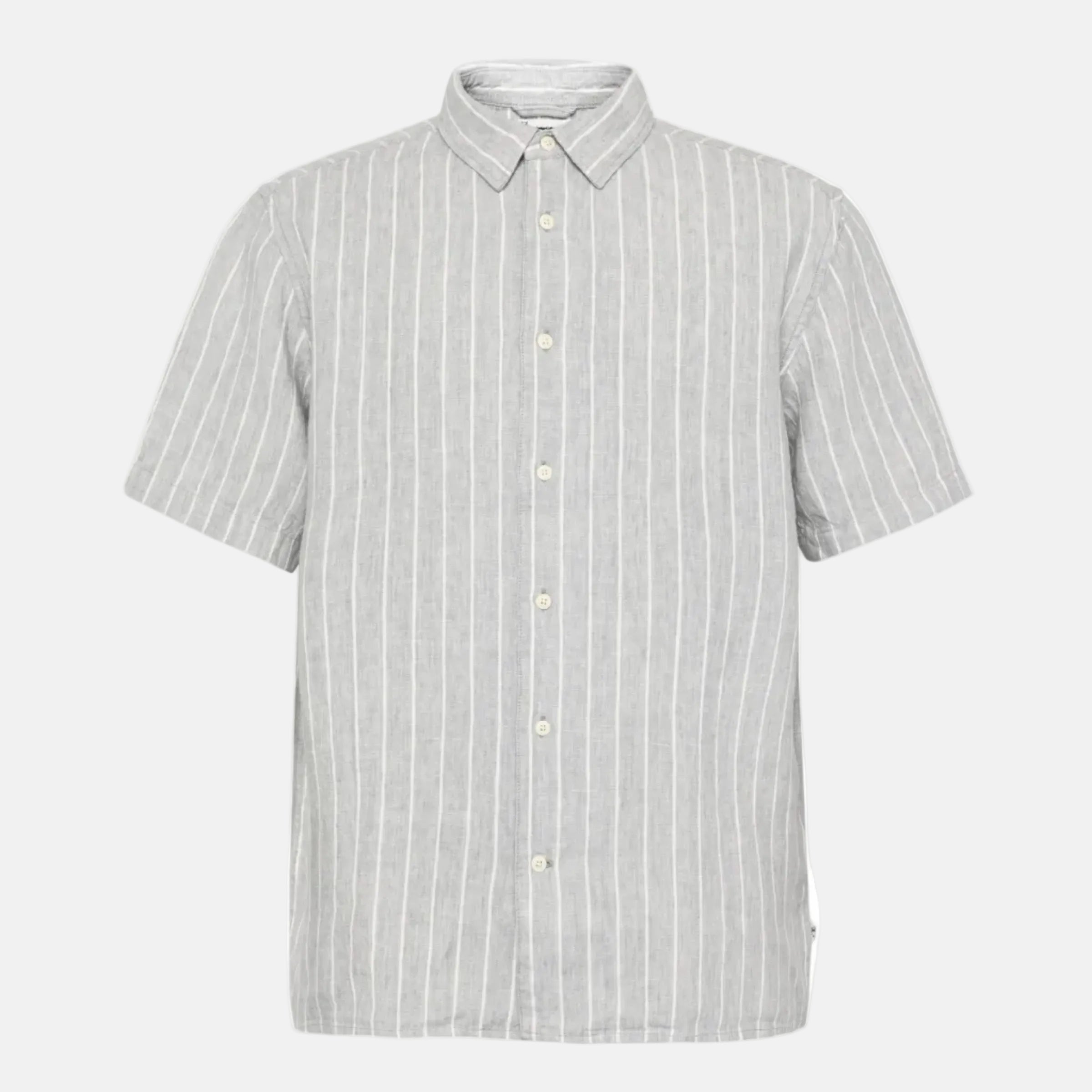 Relaxed Linen Short Sleeve Shirt Grey Stripe