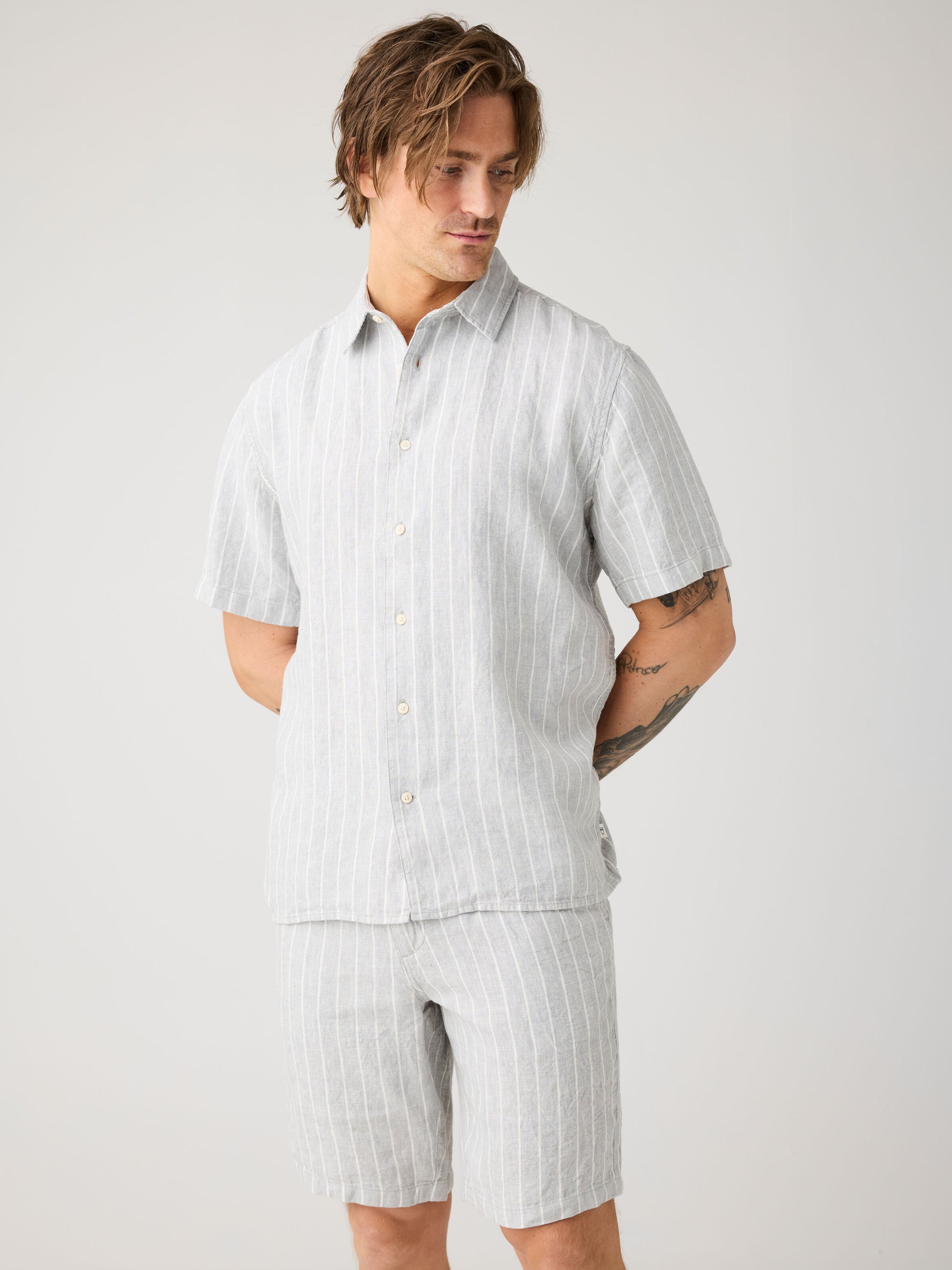 Relaxed Linen Short Sleeve Shirt Grey Stripe