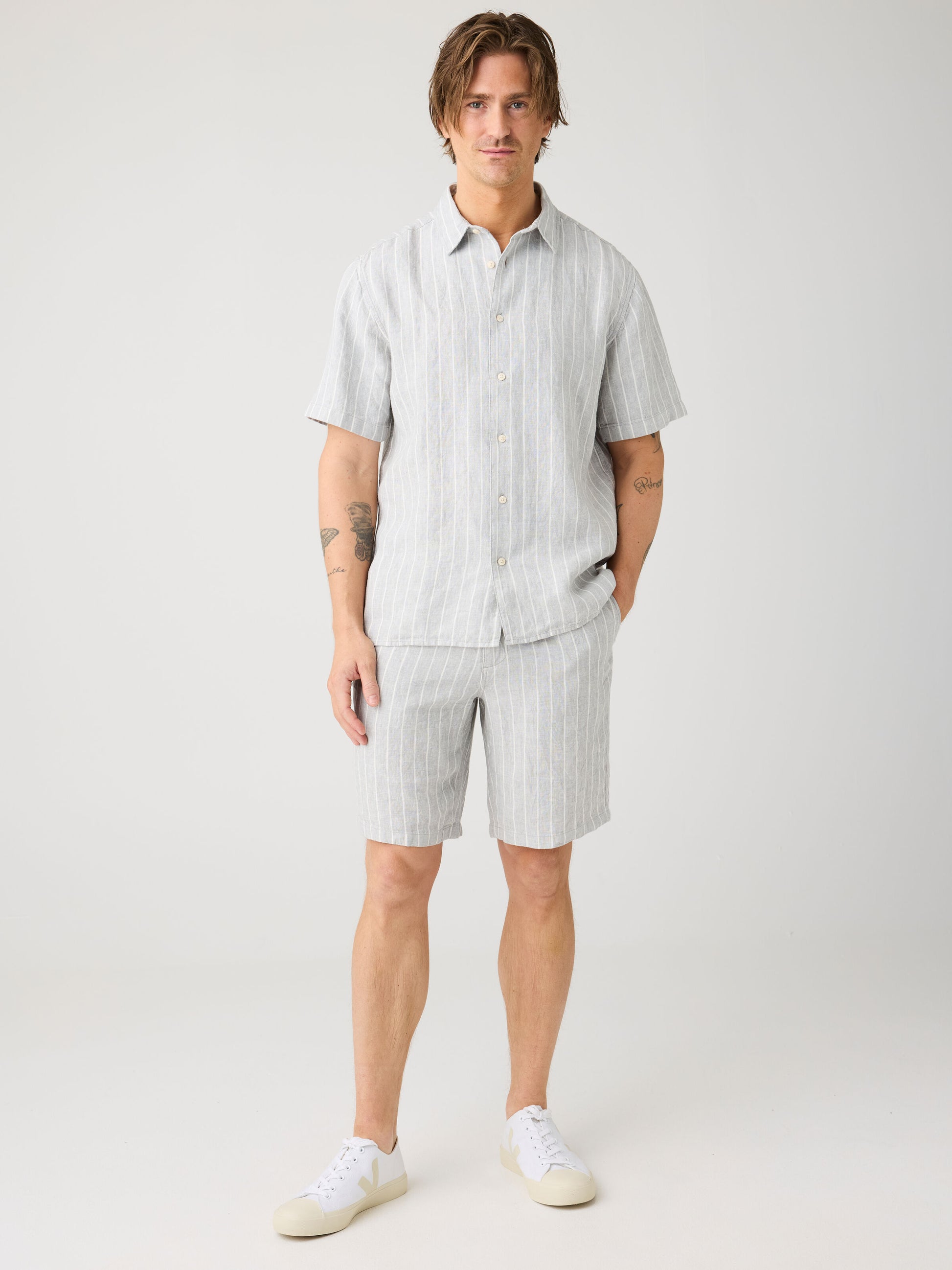 Relaxed Linen Short Sleeve Shirt Grey Stripe