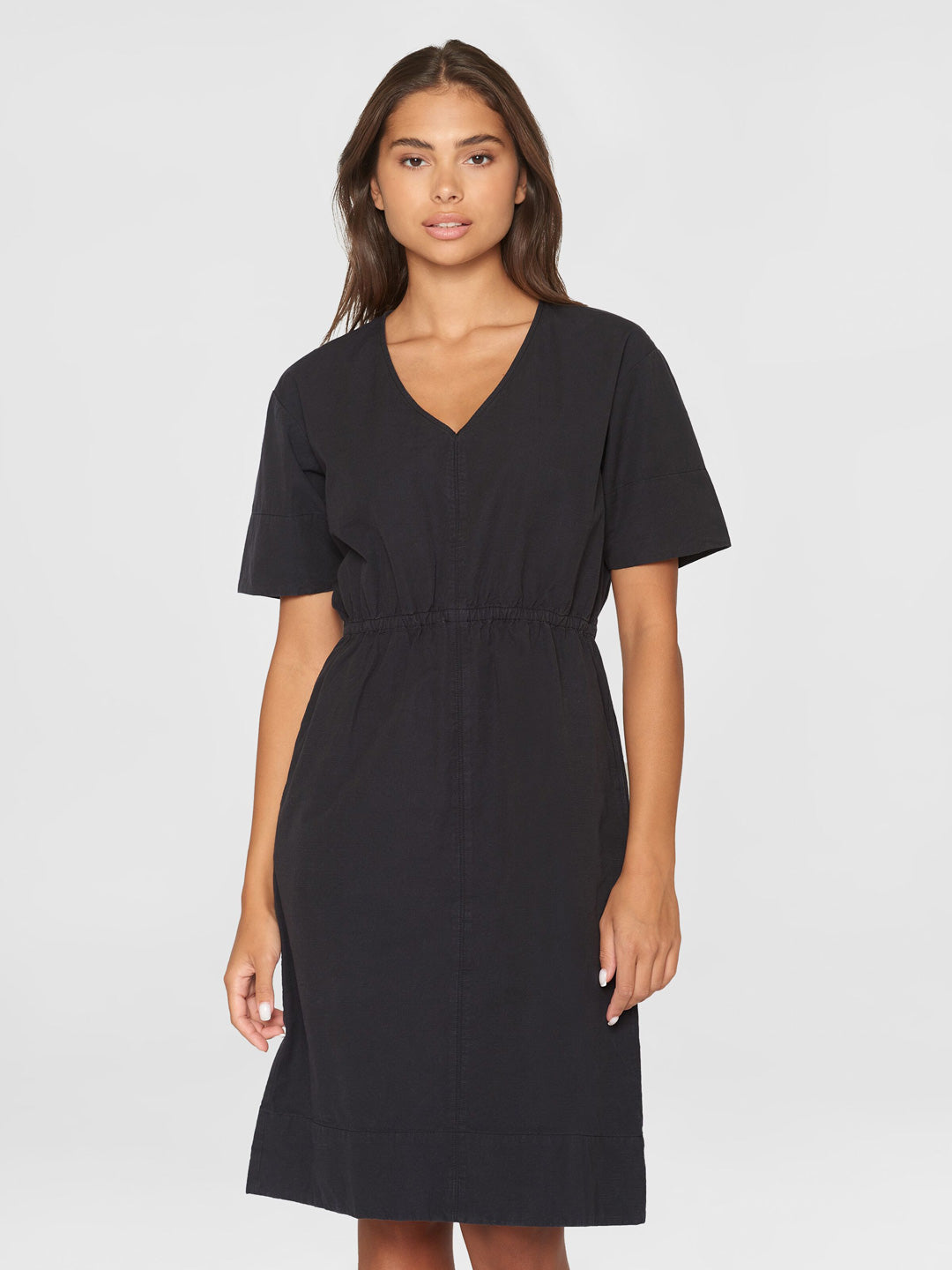 V-Neck Short Sleeve Midi Dress Black - KNOWLEDGE COTTON APPAREL