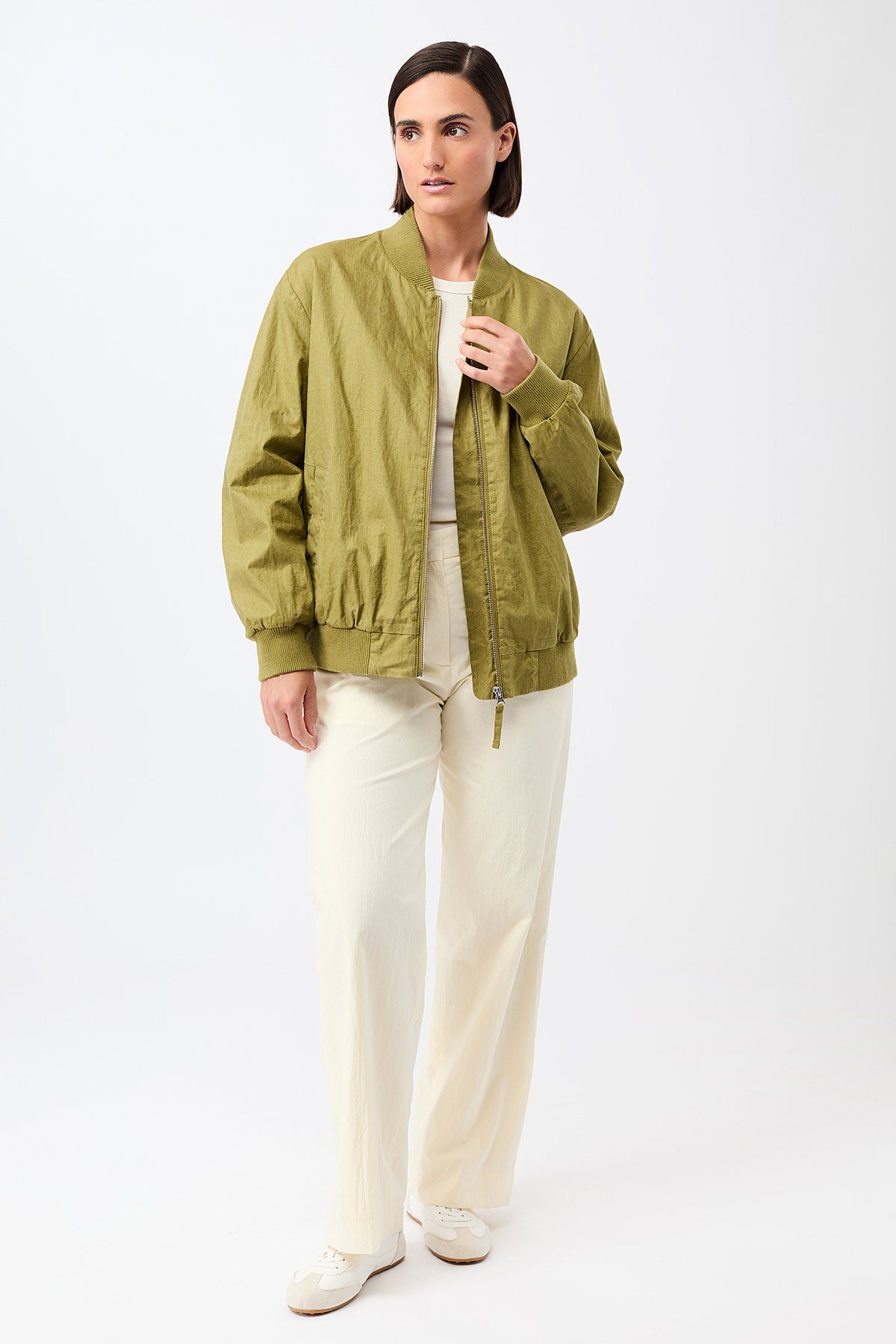 Winton Linen Bomber Jacket Green Olive