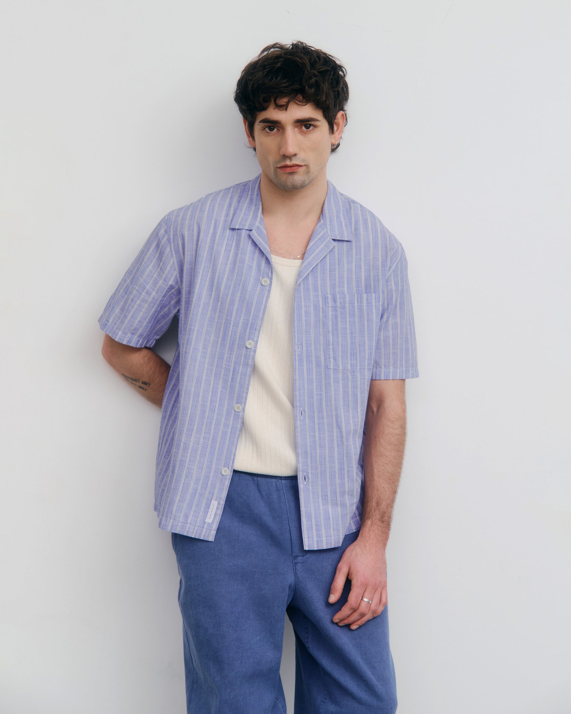 Bowling Shirt Unisex Organic Cotton Blue Stripe