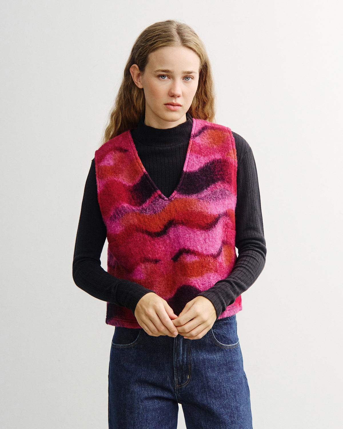 Vest Cropped Organic Wool Wavy Pink