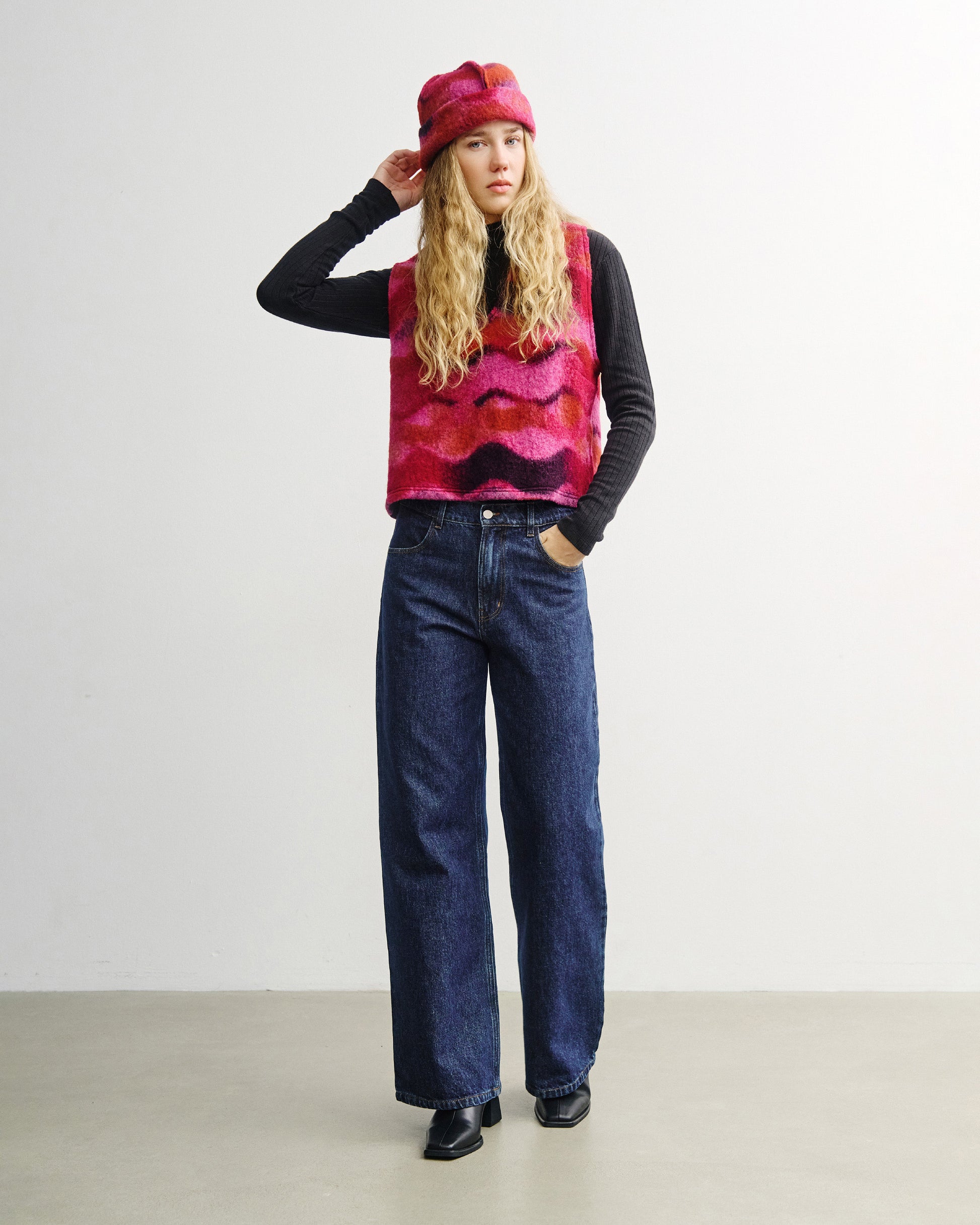 Vest Cropped Organic Wool Wavy Pink