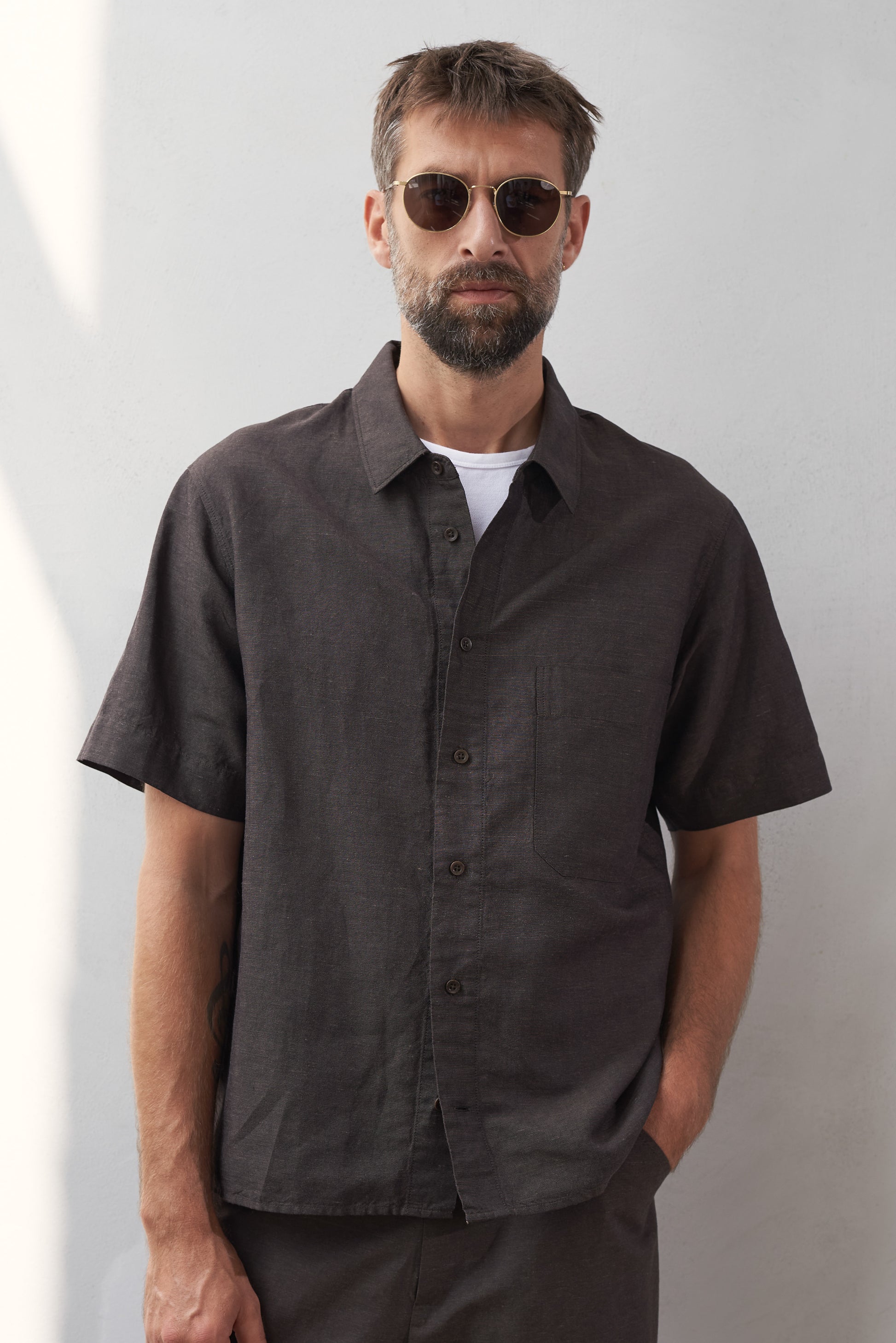Klaas Linen Blend Short-Sleeve Shirt Coffee