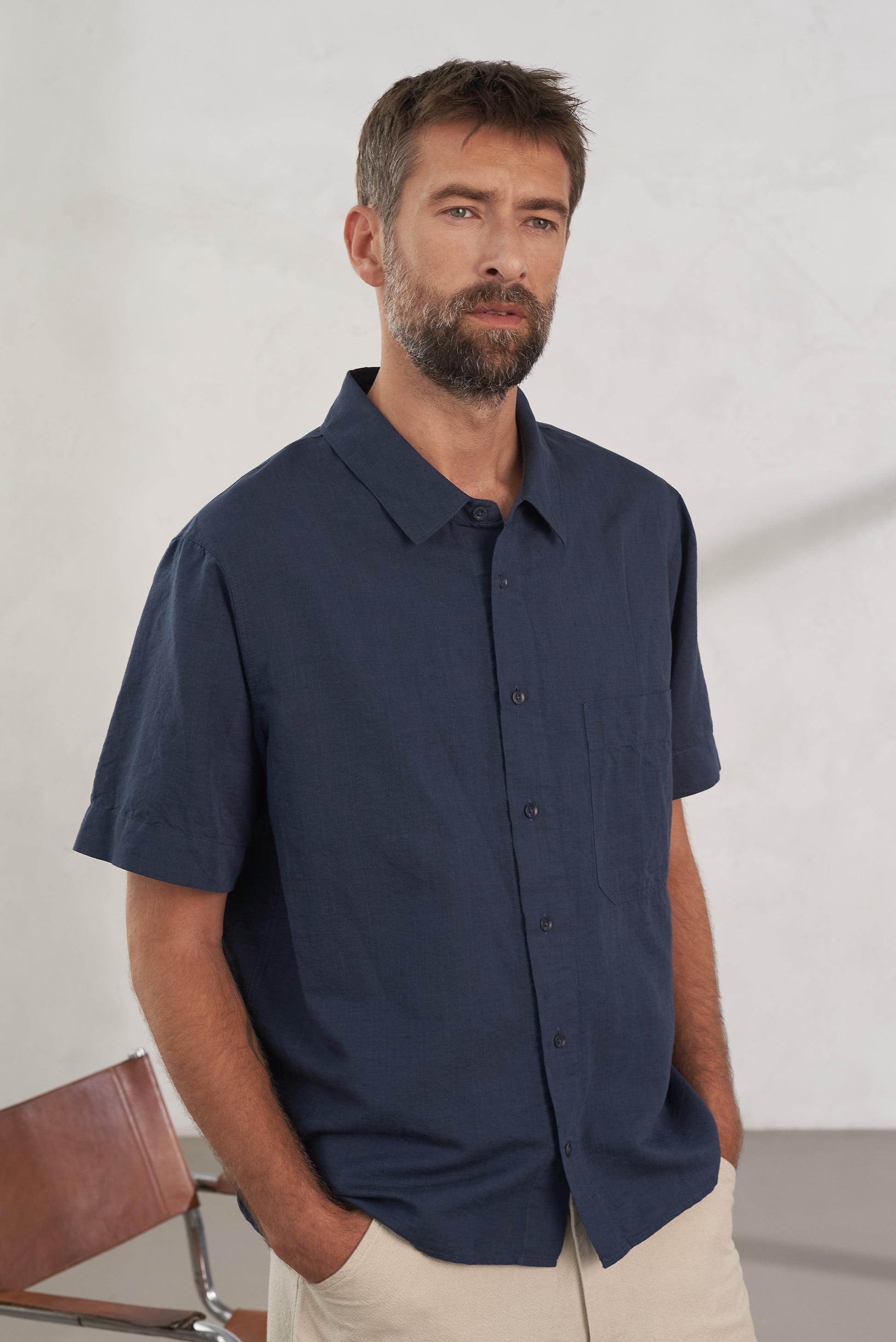 Klaas Linen Blend Short-Sleeve Shirt Cold Navy