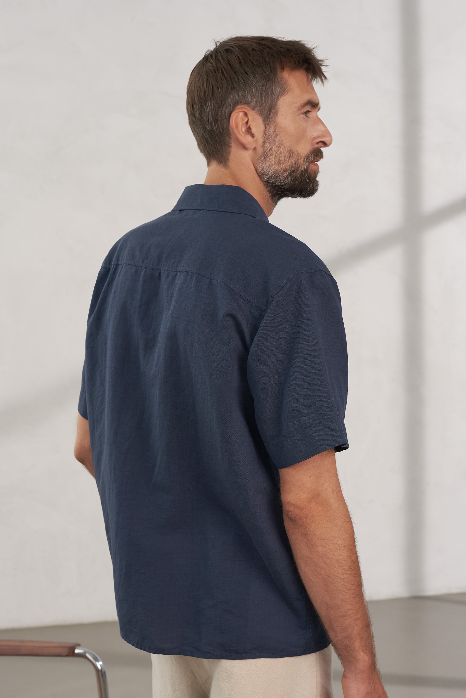 Klaas Linen Blend Short-Sleeve Shirt Cold Navy