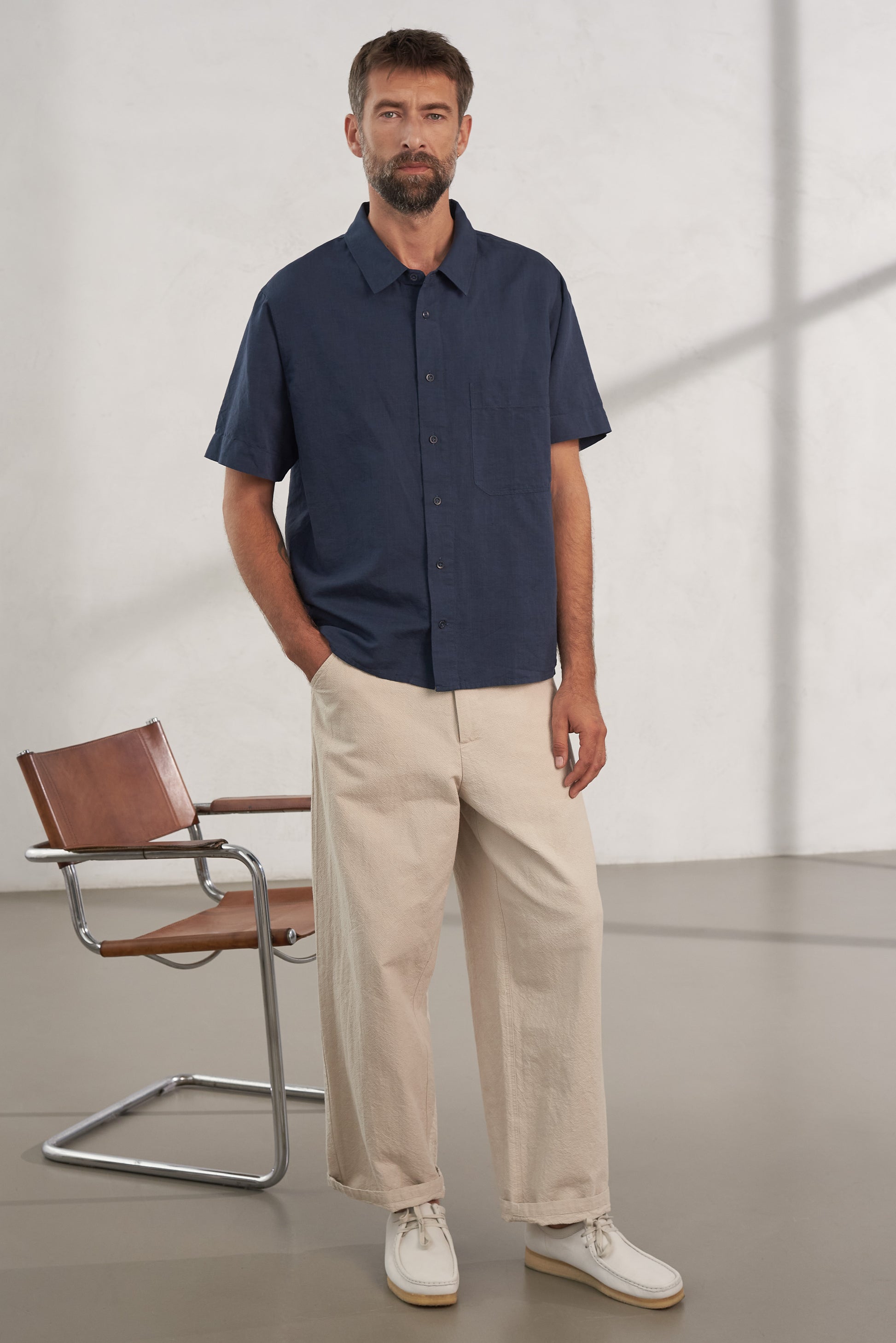 Klaas Linen Blend Short-Sleeve Shirt Cold Navy