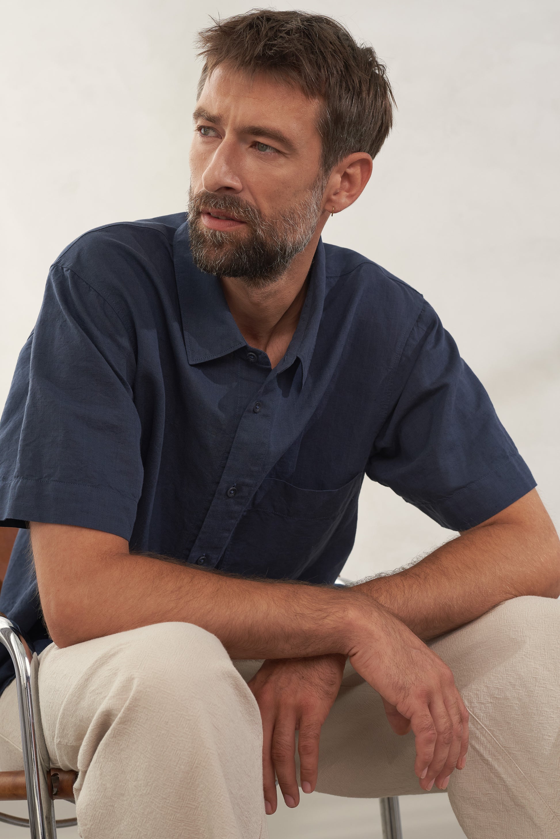 Klaas Linen Blend Short-Sleeve Shirt Cold Navy