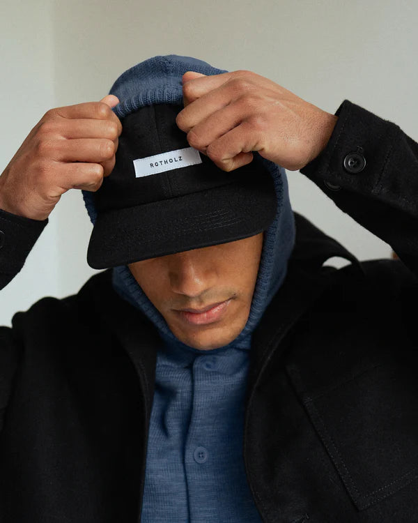 Balaclava Merino Wool Knit Hood Washed Blue