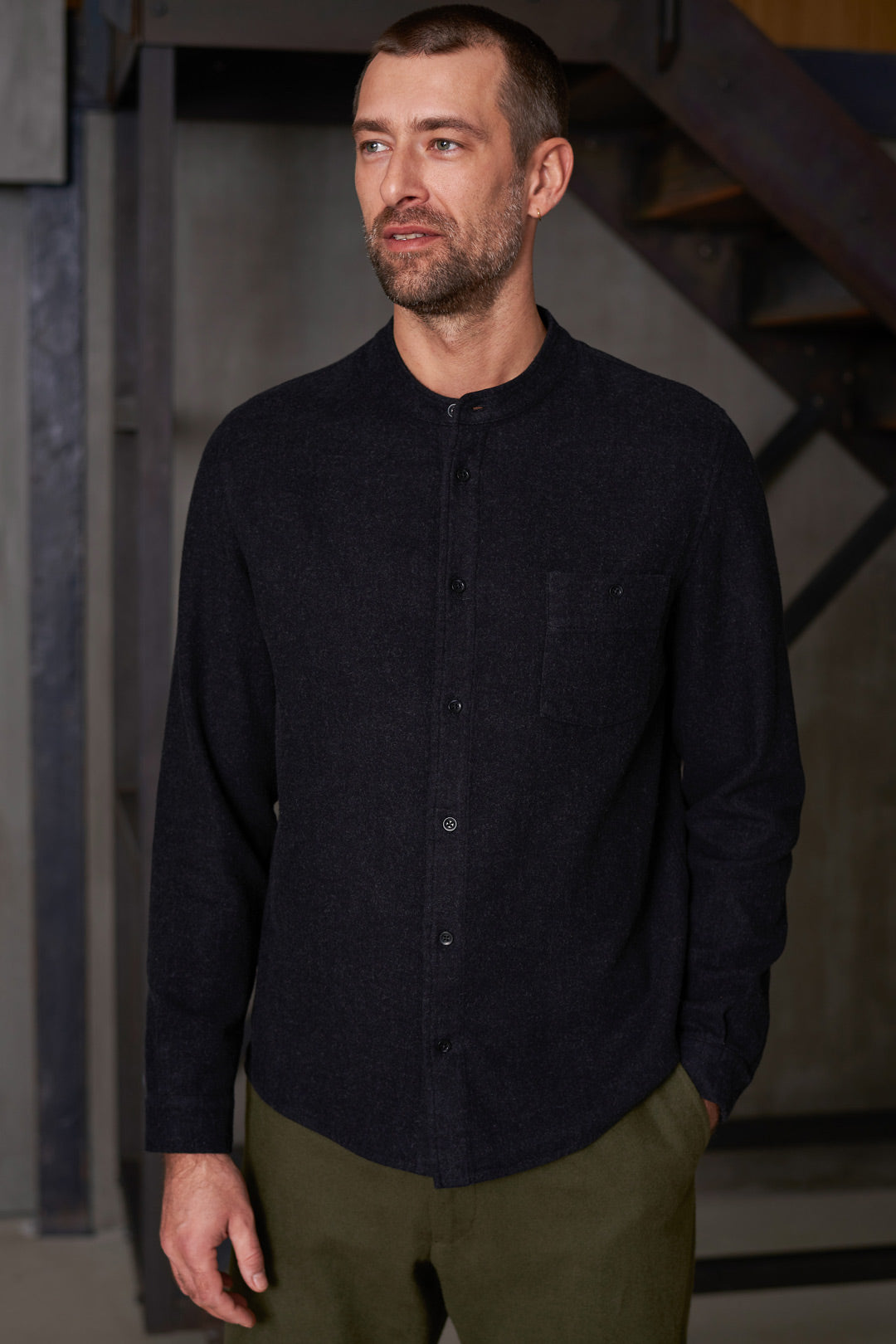 Nathan Stand-Up Collar Flannel Shirt Black Melange
