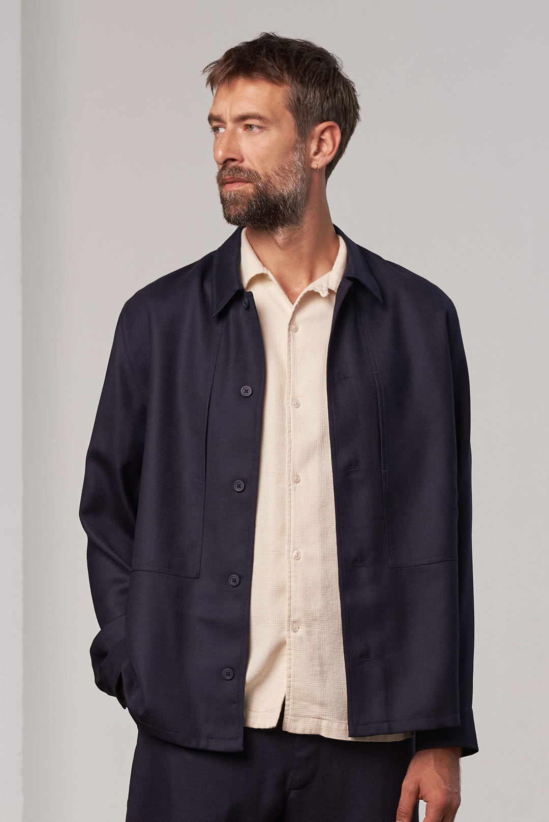 Owe Eco Grid Wool Overshirt Navy