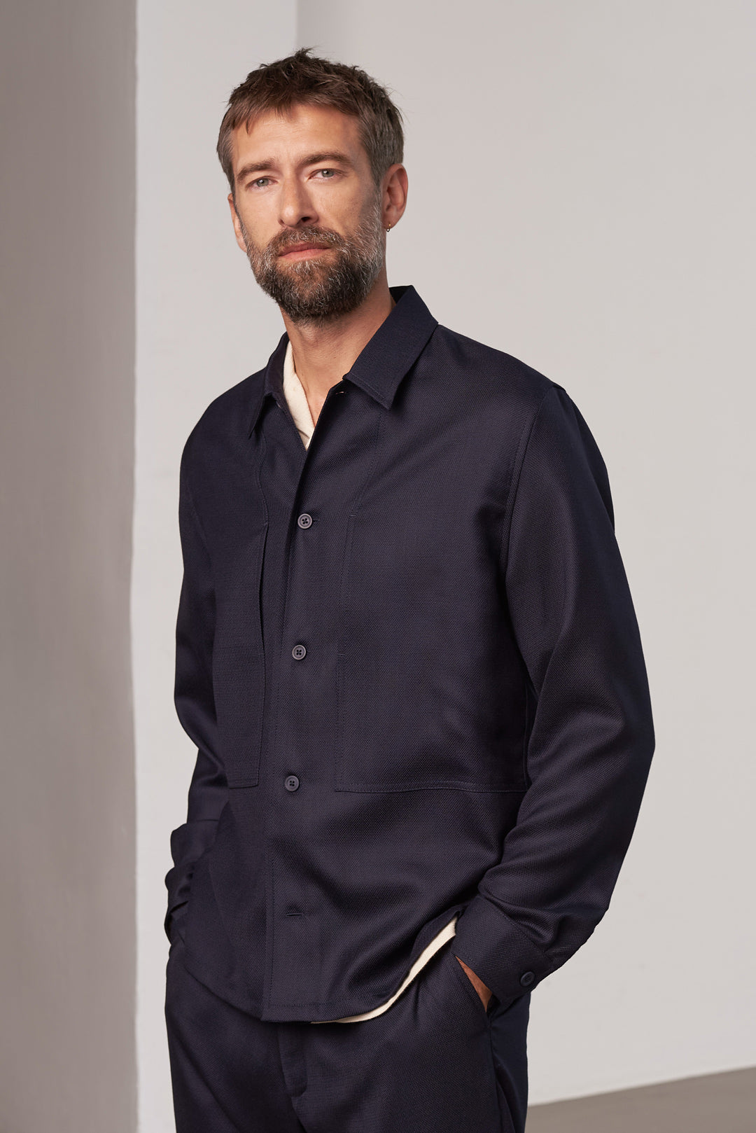 Owe Eco Grid Wool Overshirt Navy