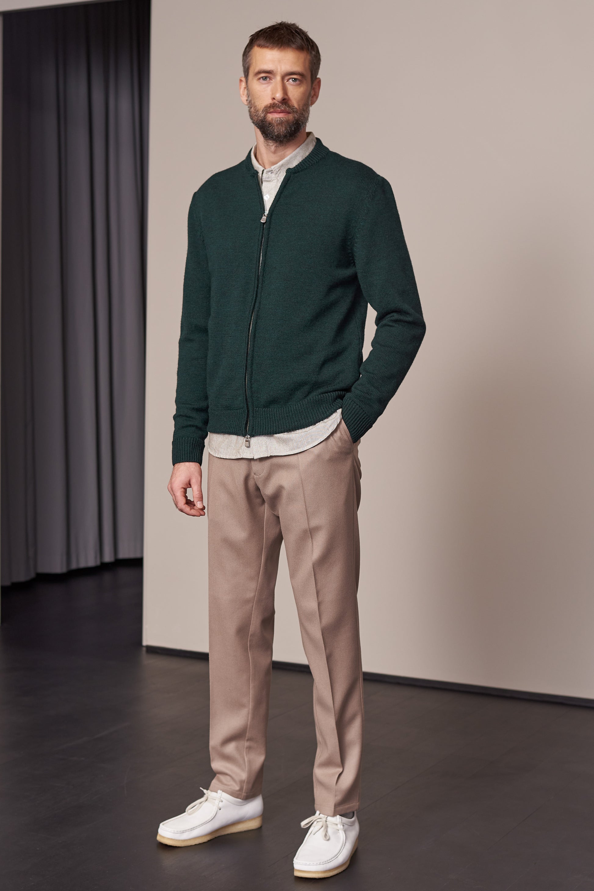 Paul Merino Wool Knit Zip Cardigan Racing Green