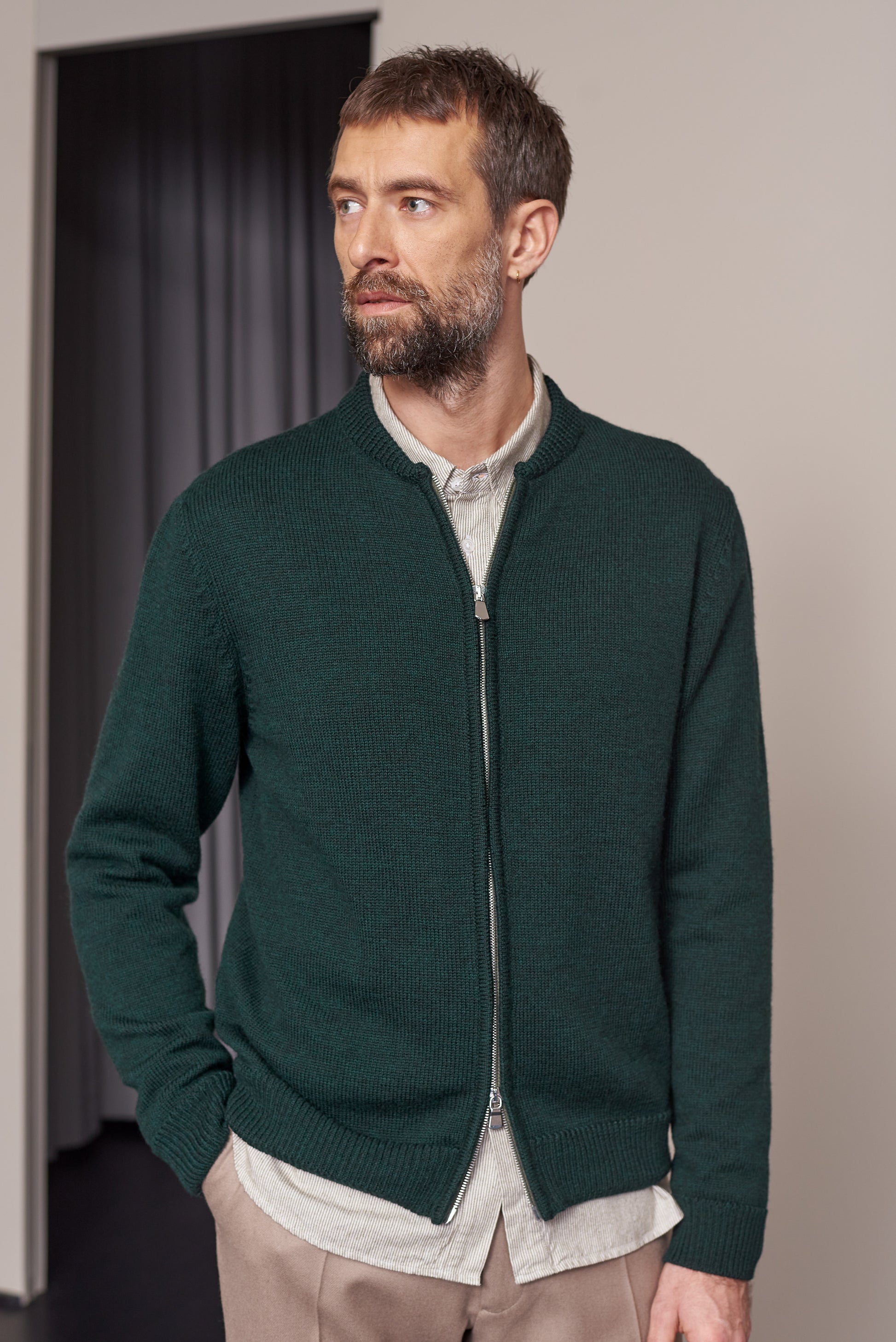 Paul Merino Wool Knit Zip Cardigan Racing Green