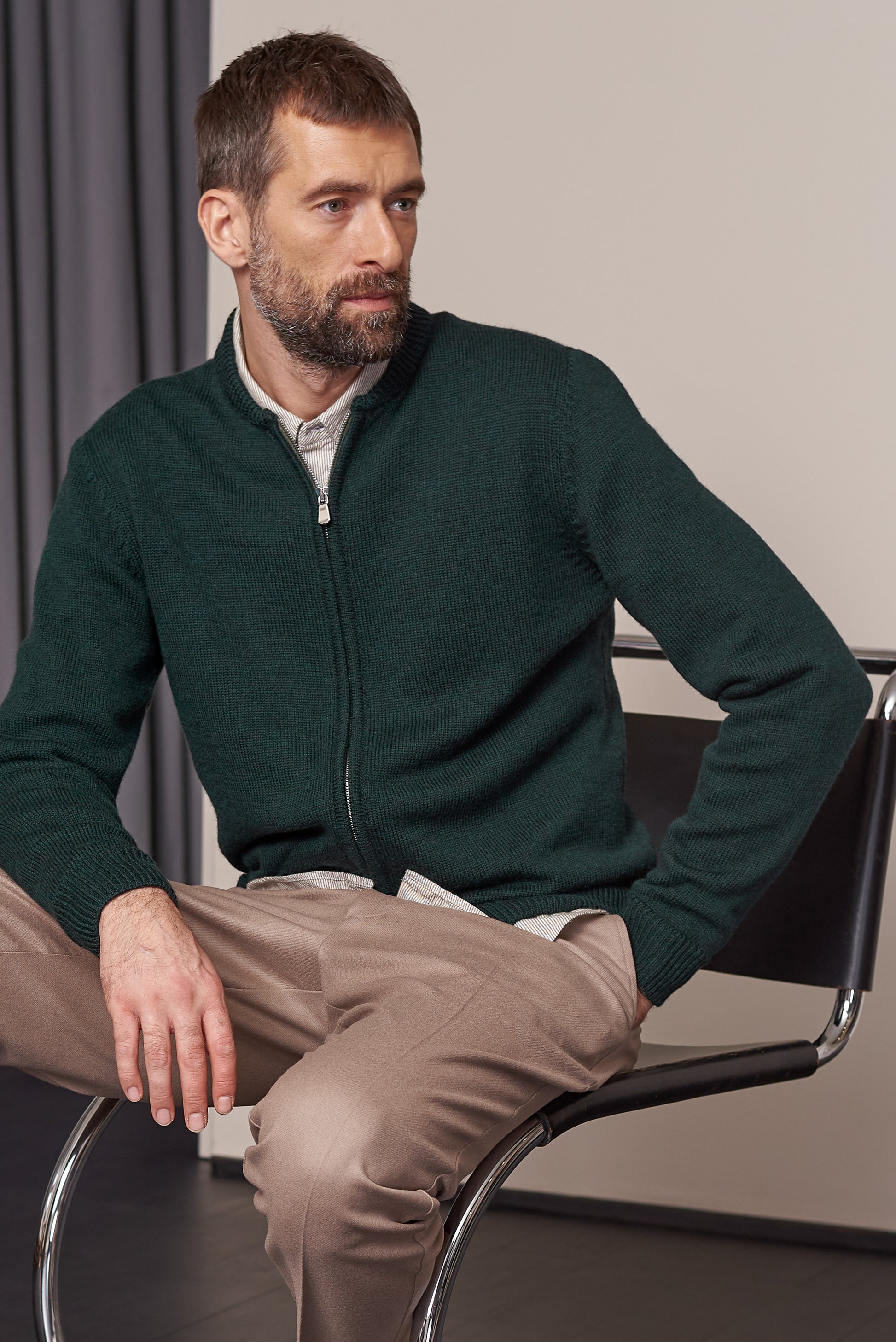 Paul Merino Wool Knit Zip Cardigan Racing Green