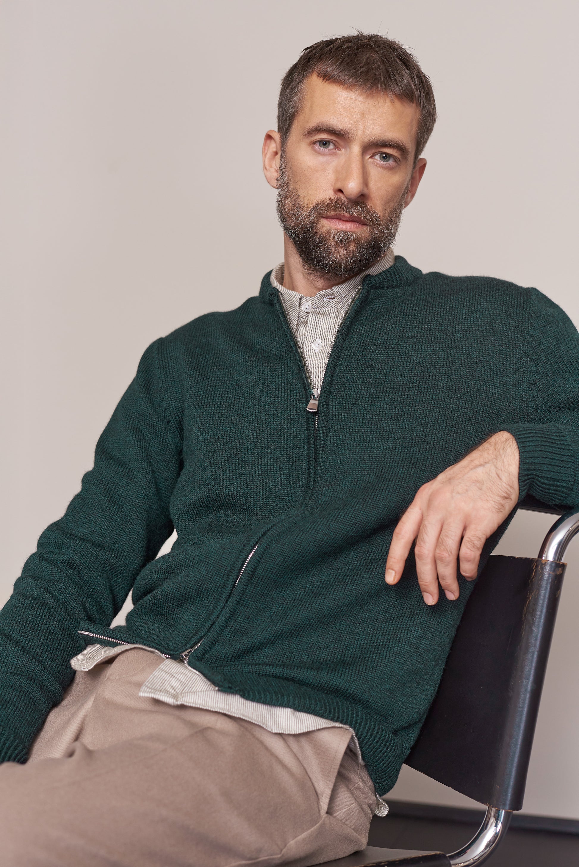 Paul Merino Wool Knit Zip Cardigan Racing Green