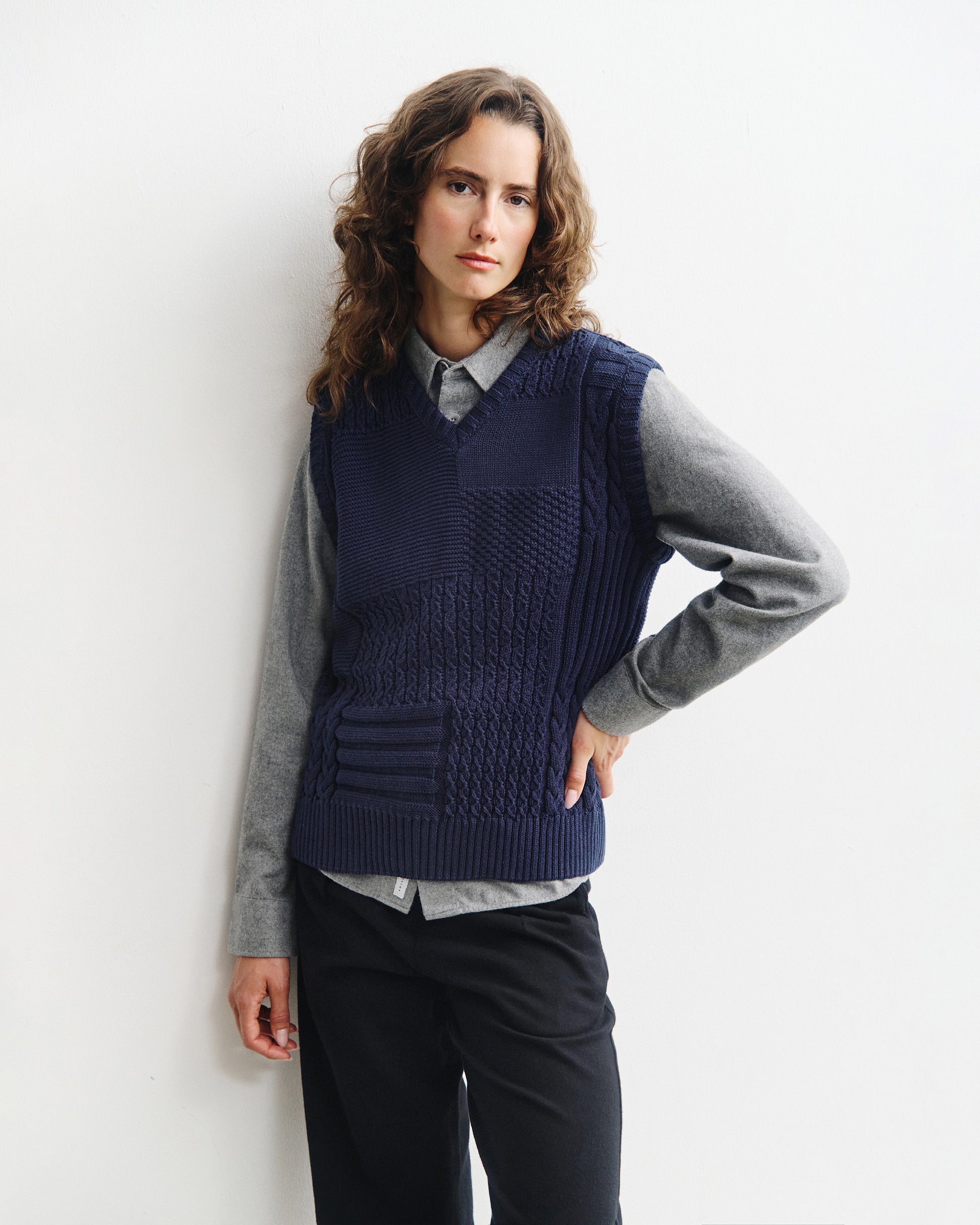 Patchwork Unisex Knit Vest Dark Navy