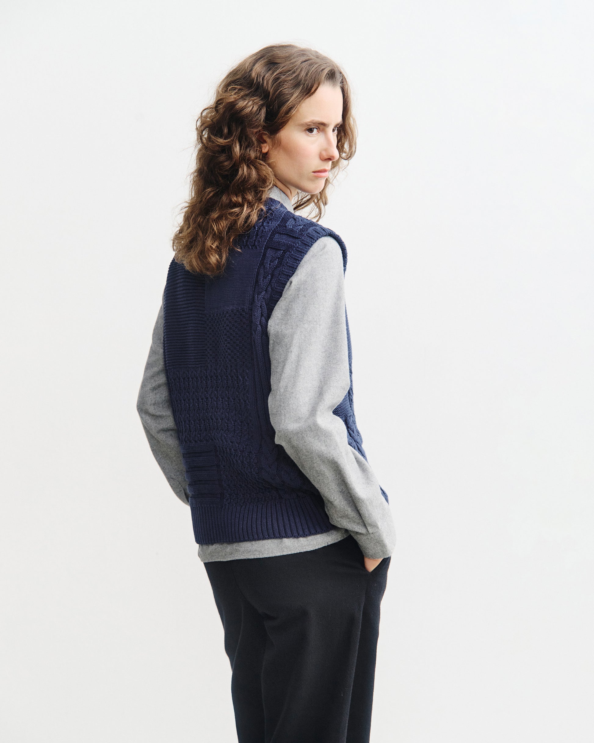 Patchwork Unisex Knit Vest Dark Navy