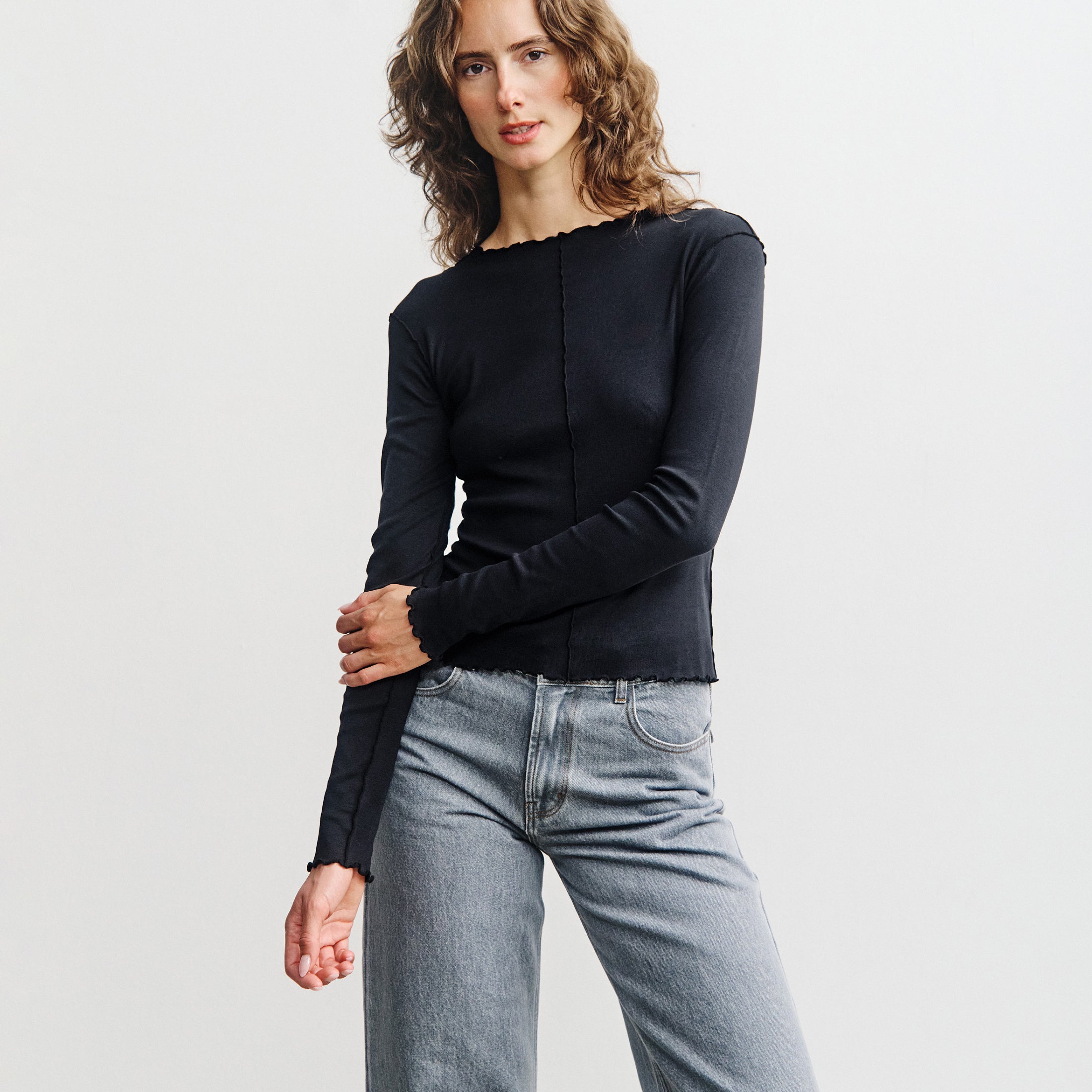 Pin-Tucked Longsleeve Organic Cotton True Black Rotholz