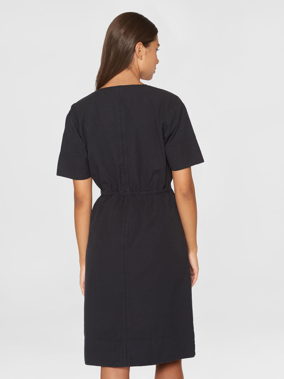 V-Neck Short Sleeve Midi Dress Black - KNOWLEDGE COTTON APPAREL