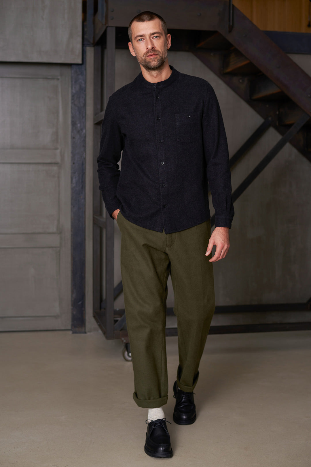Nathan Stand-Up Collar Flannel Shirt Black Melange