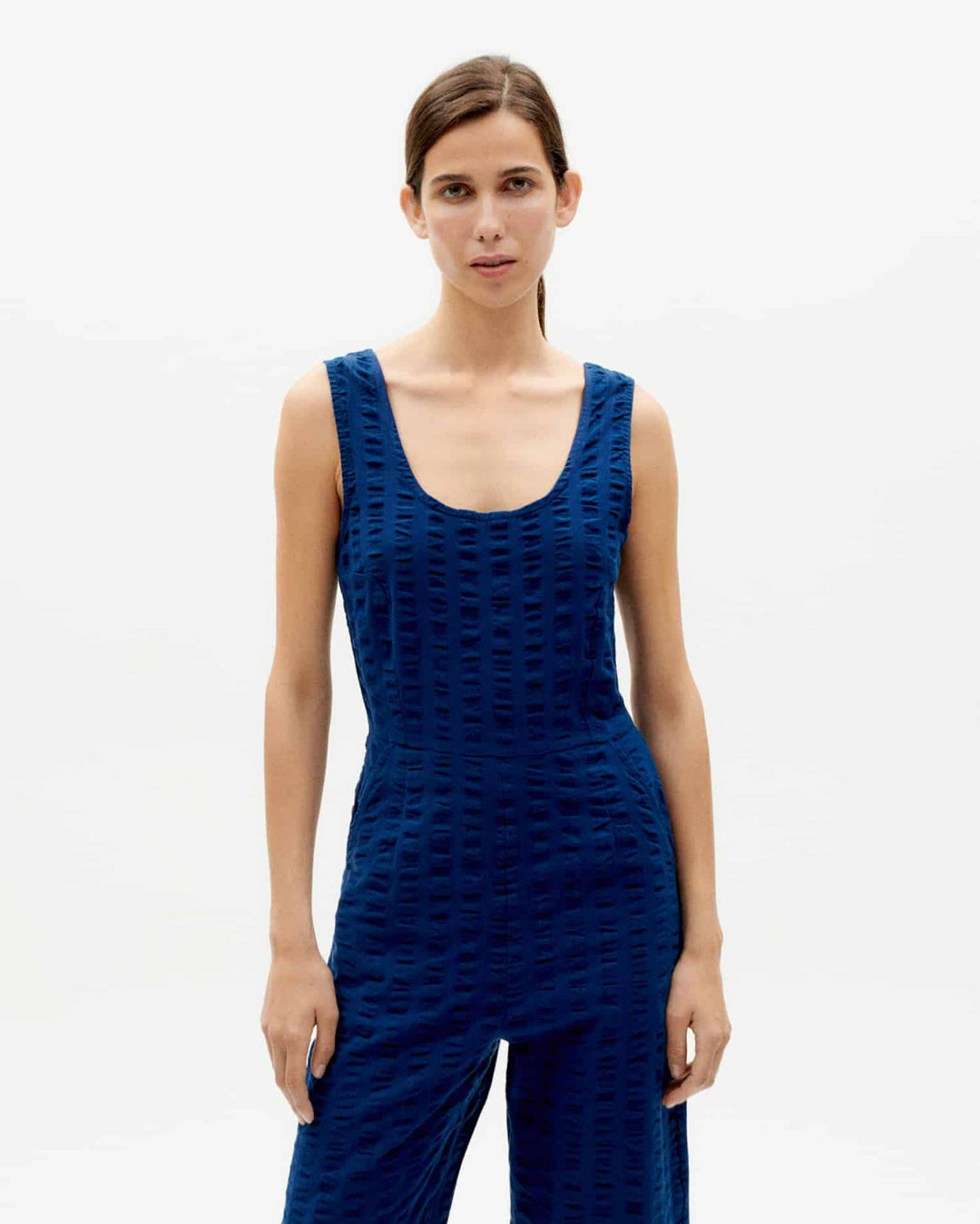 Rafflesia Big Seersucker Jumpsuit Navy - THINKING MU