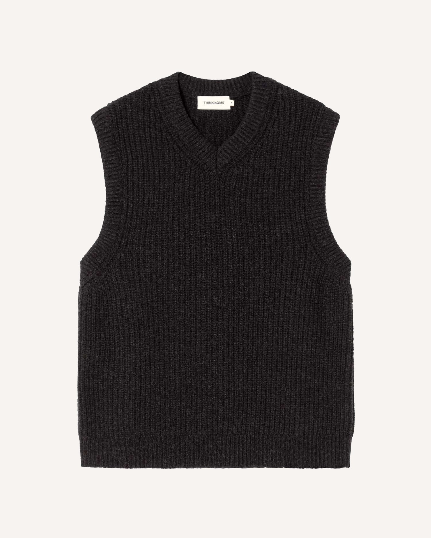 Oliver V-Neck Knit Wool Vest Black - THINKING MU