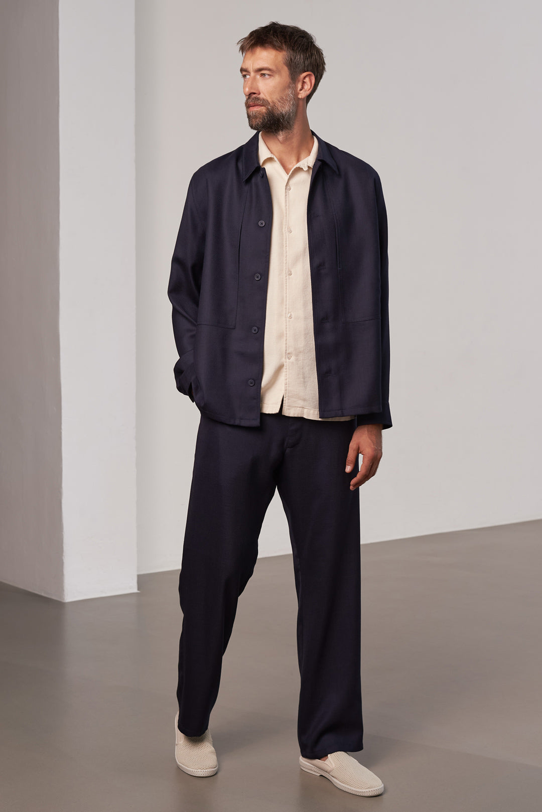Owe Eco Grid Wool Overshirt Navy