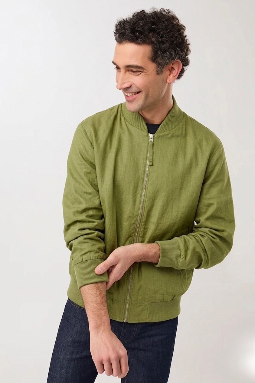 Koojan Linen Bomber Jacket Green Olive