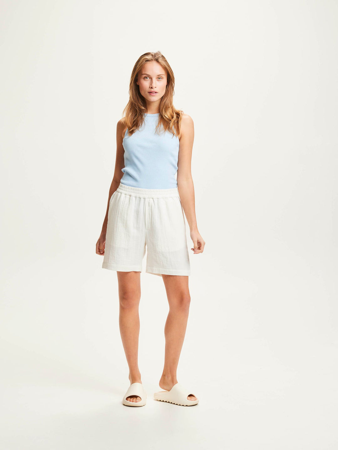 Elastic Waist Crinkle Shorts Snow White - KNOWLEDGE COTTON APPAREL