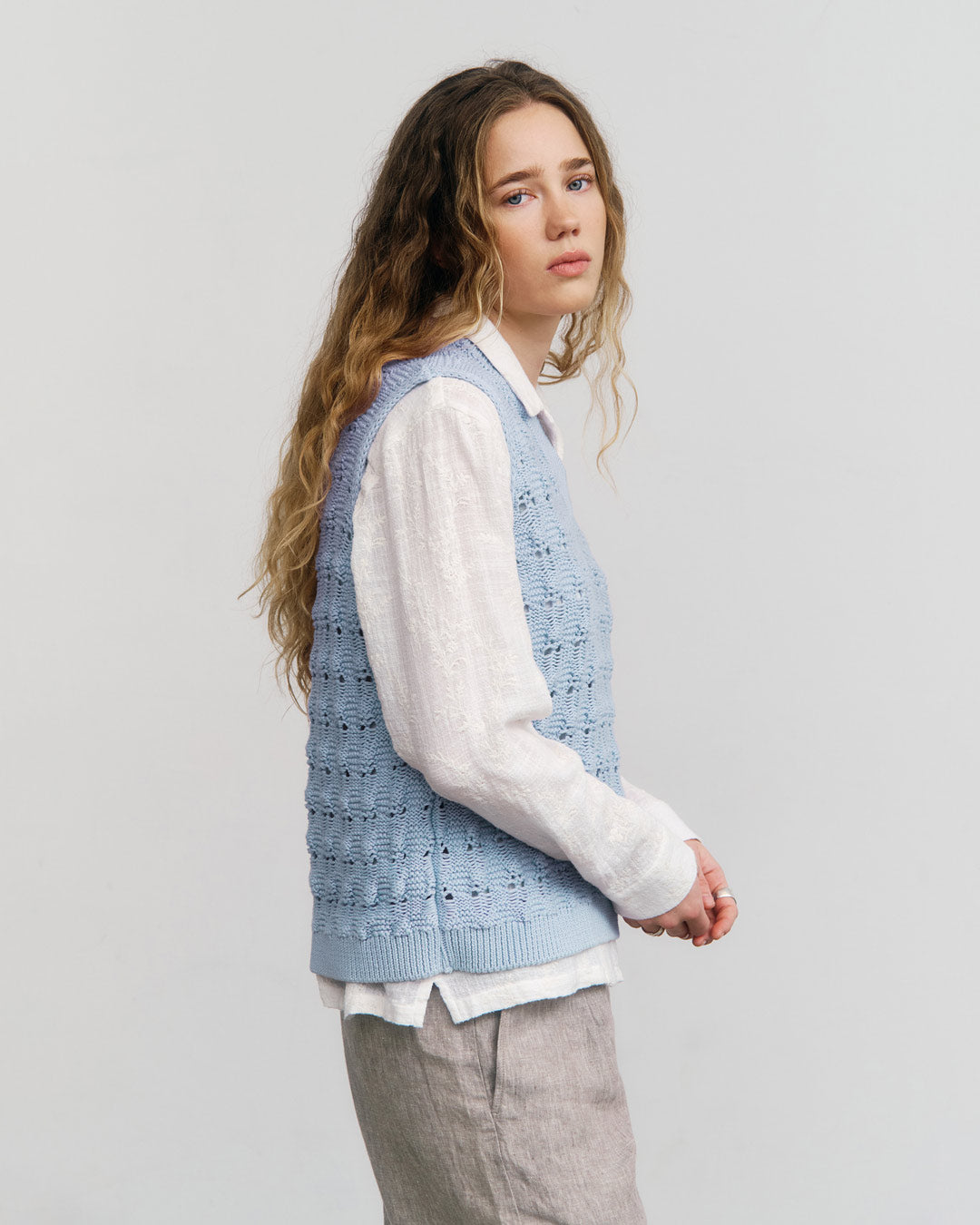 Wide Knit Vest Organic Cotton Soft Blue