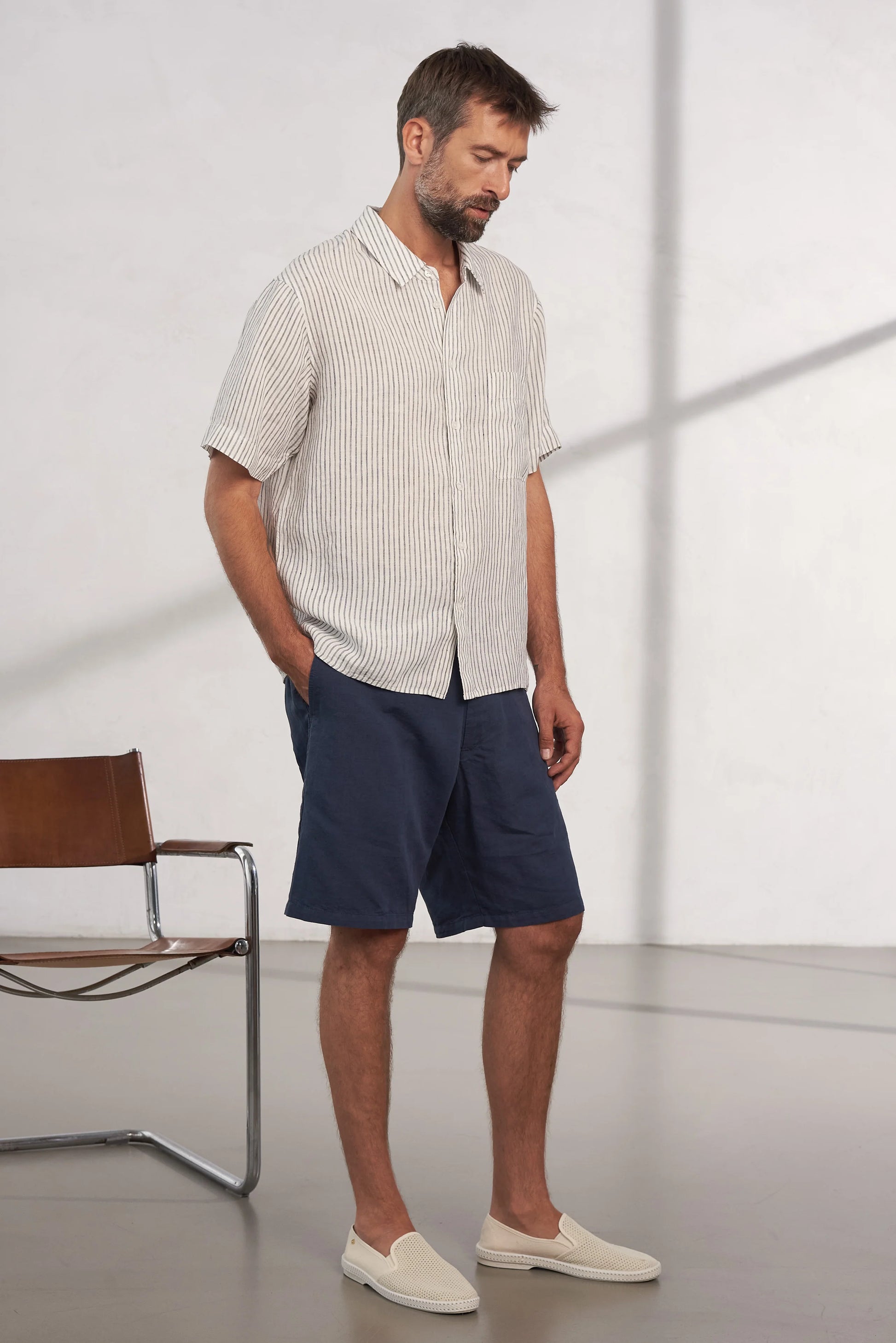 Klaas Pure Linen Shortsleeve Shirt Striped Vintage Navy