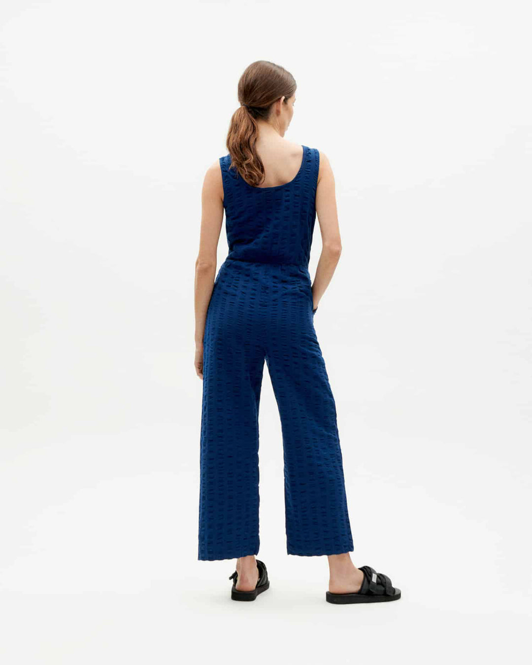 Rafflesia Big Seersucker Jumpsuit Navy - THINKING MU