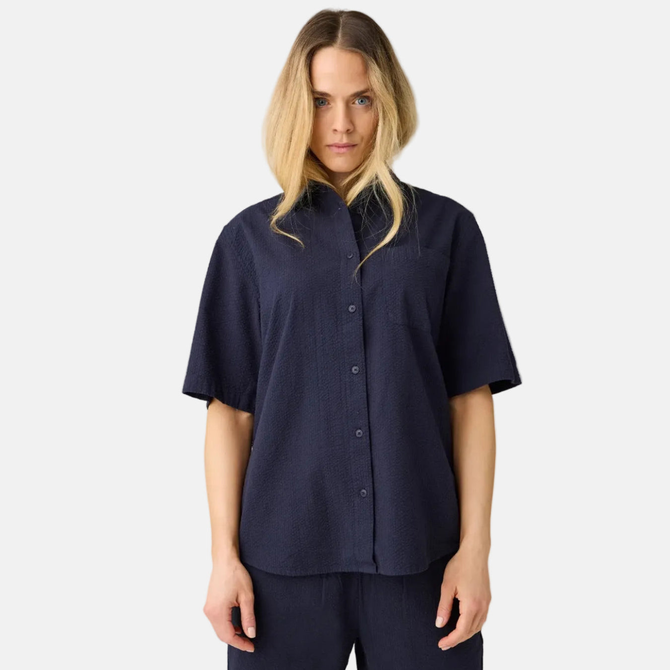 Loose Seersucker Short Sleeve Shirt Night Sky