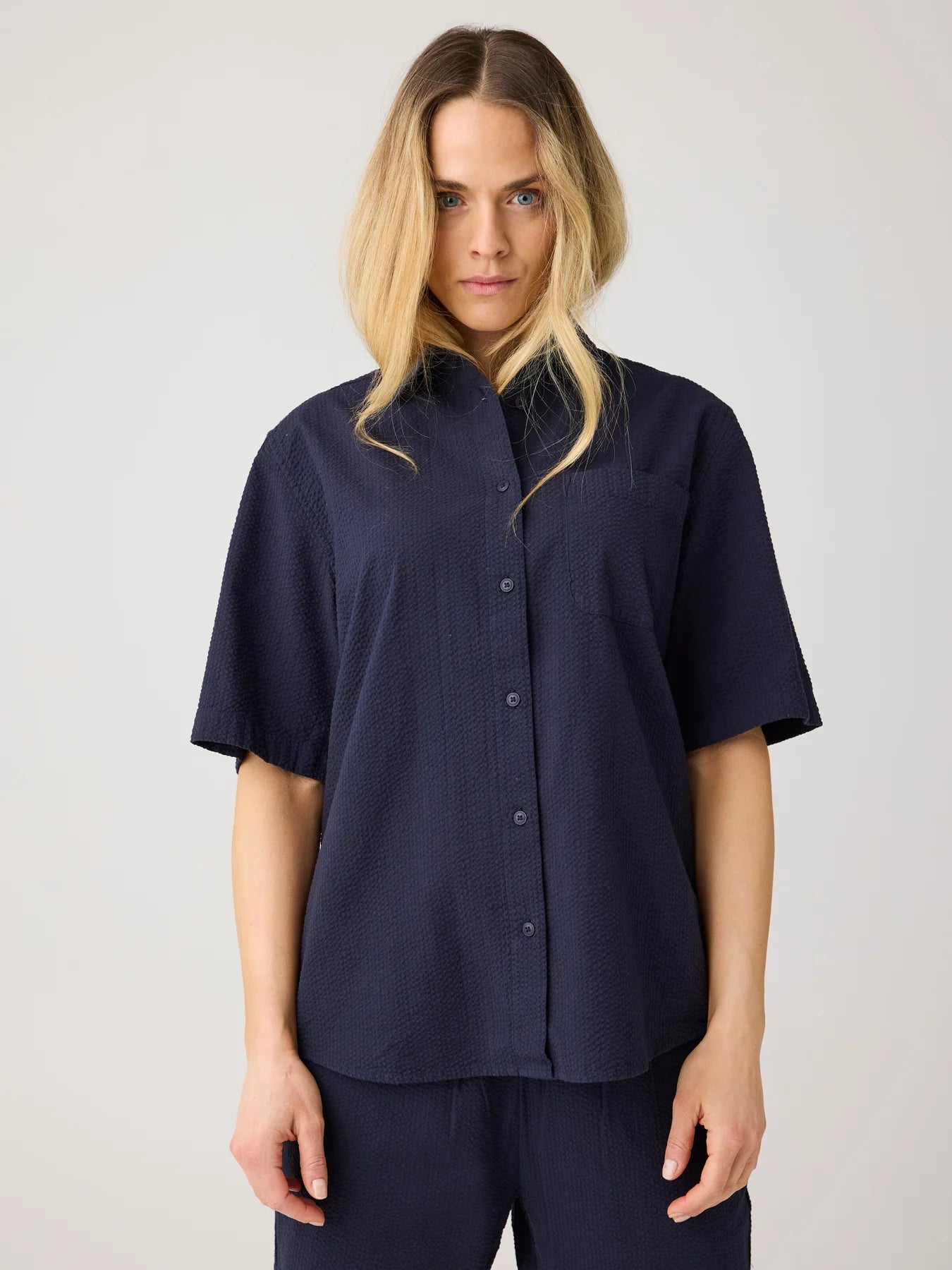 Loose Seersucker Short Sleeve Shirt Night Sky