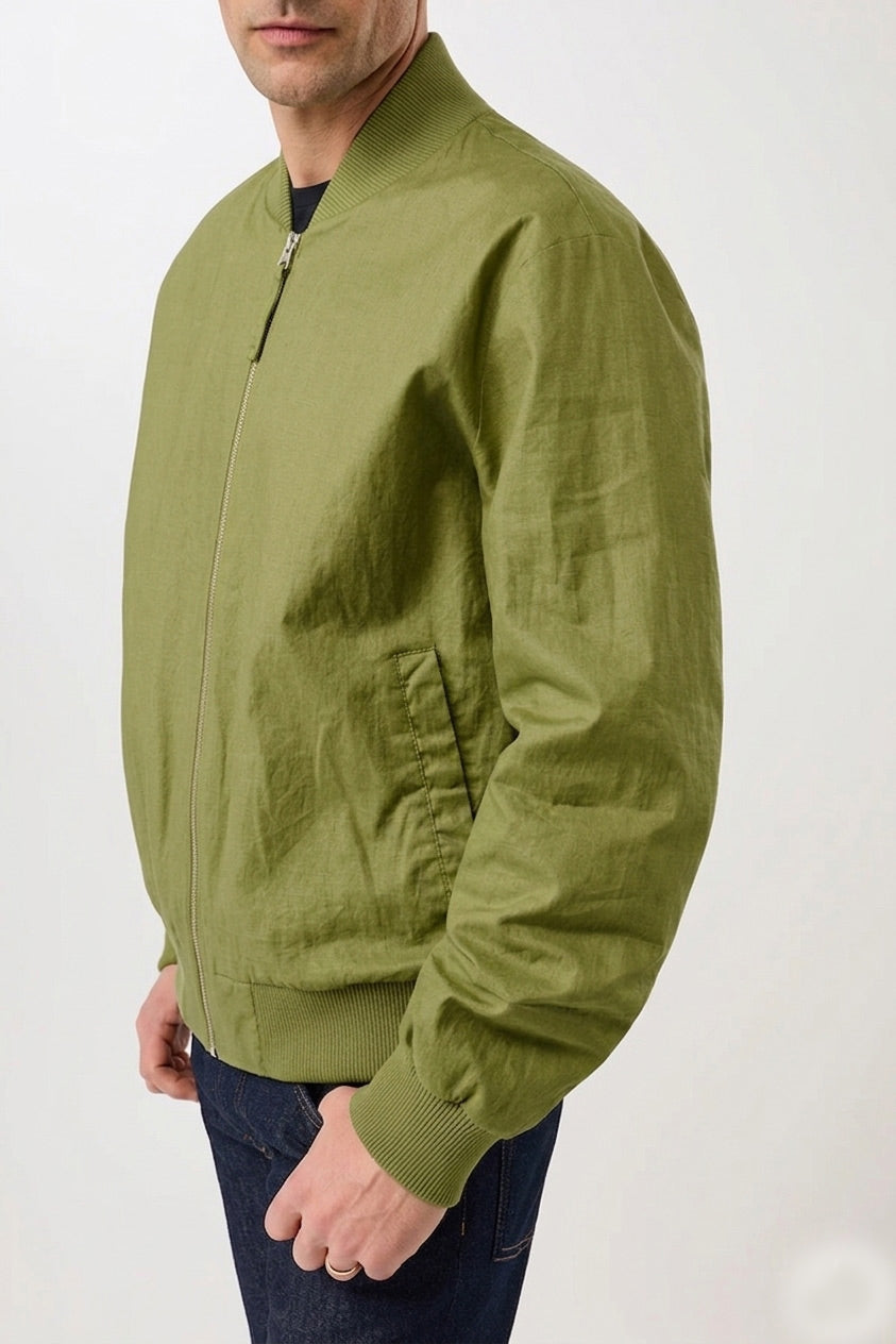Koojan Linen Bomber Jacket Green Olive